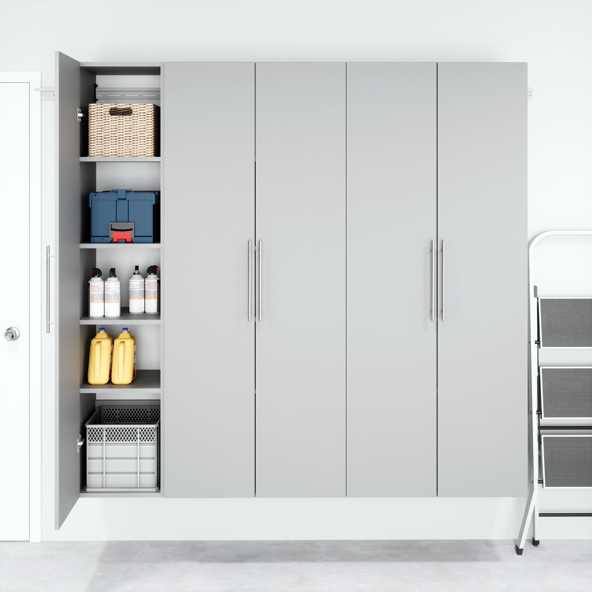 Sistema de almacenamiento para garage en gris claro de madera compuesta de 3 gabinetes Prepac de 75 pulgadas de ancho x 72 pulgadas de alto x 16 pulgadas de profundidad GRGW-0718-3M