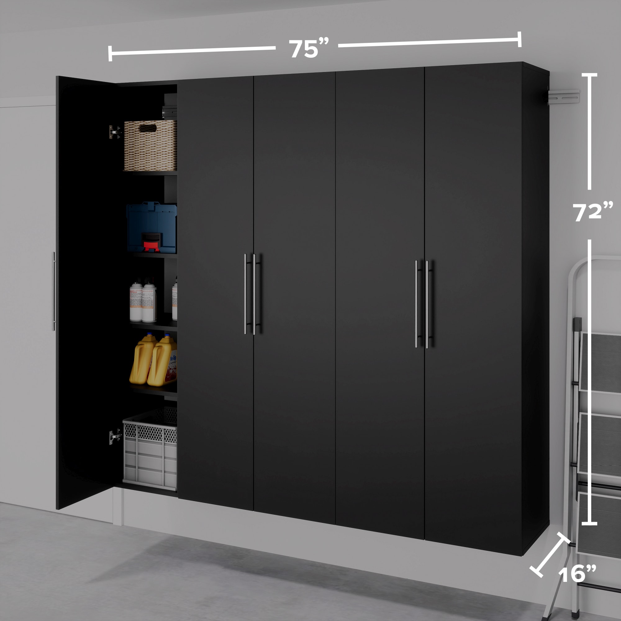 Sistema de almacenamiento para garaje HangUps Prepac de madera compuesta negra de 3 gabinetes, 75 pulgadas de ancho x 72 pulgadas de alto x 16 pulgadas de profundidad BRGW-0718-3M