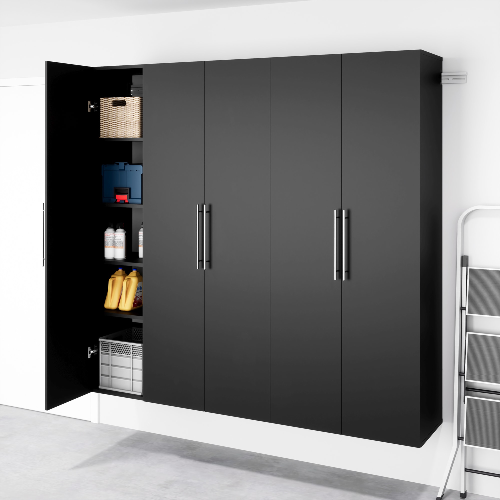 Sistema de almacenamiento para garaje HangUps Prepac de madera compuesta negra de 3 gabinetes, 75 pulgadas de ancho x 72 pulgadas de alto x 16 pulgadas de profundidad BRGW-0718-3M