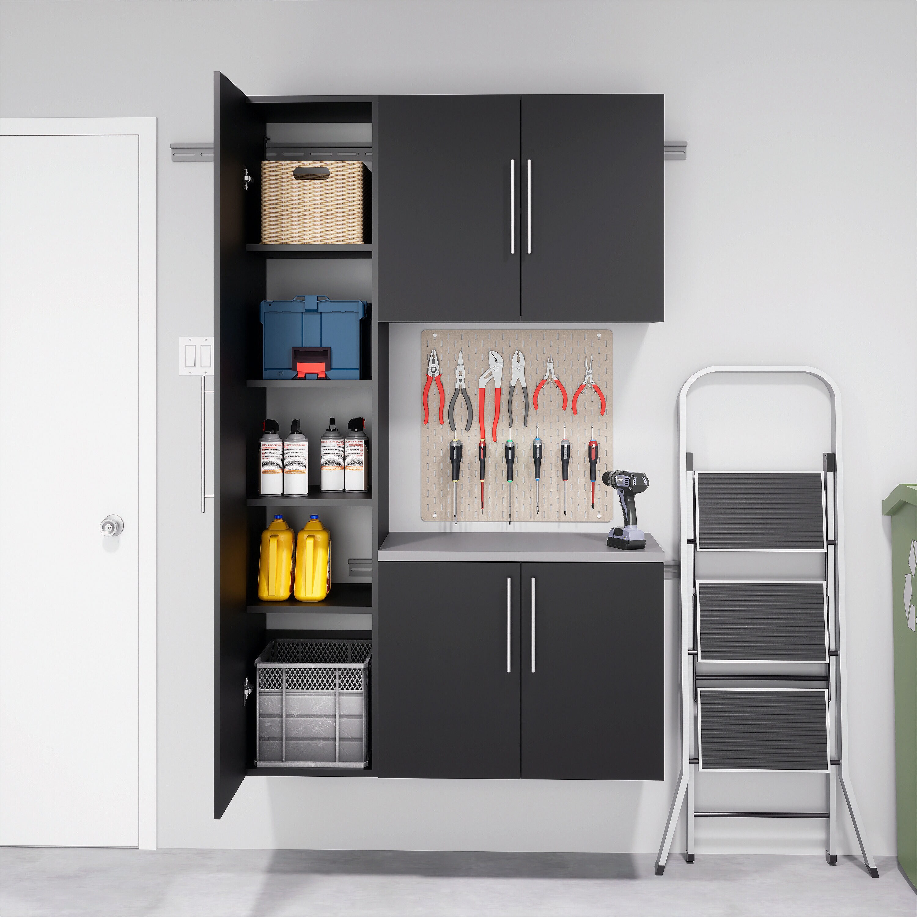 Sistema de almacenamiento para garaje Prepac HangUps BRGW-0710-3M, madera compuesta negra, 3 gabinetes de 48 pulgadas de ancho, 72 pulgadas de alto y 20 pulgadas de profundidad.