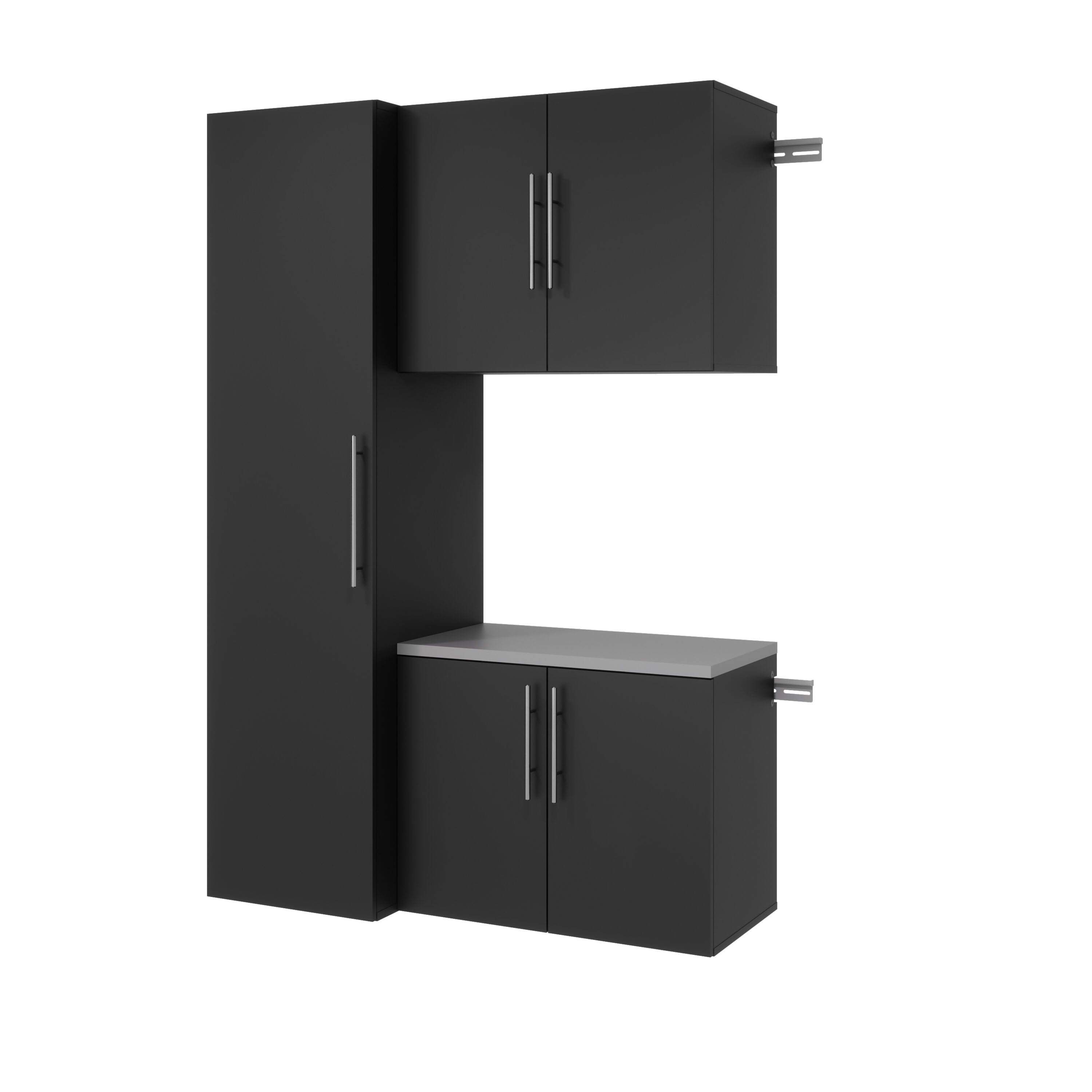 Sistema de almacenamiento para garaje Prepac HangUps BRGW-0710-3M, madera compuesta negra, 3 gabinetes de 48 pulgadas de ancho, 72 pulgadas de alto y 20 pulgadas de profundidad.