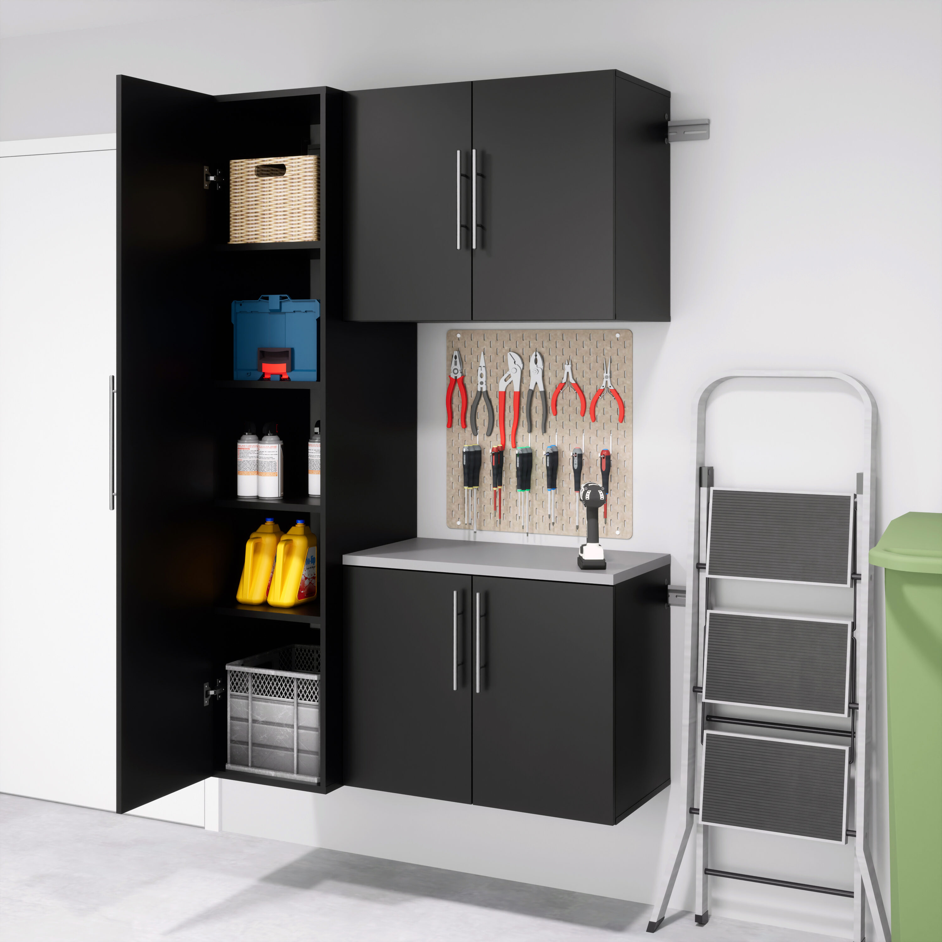 Sistema de almacenamiento para garaje Prepac HangUps BRGW-0710-3M, madera compuesta negra, 3 gabinetes de 48 pulgadas de ancho, 72 pulgadas de alto y 20 pulgadas de profundidad.