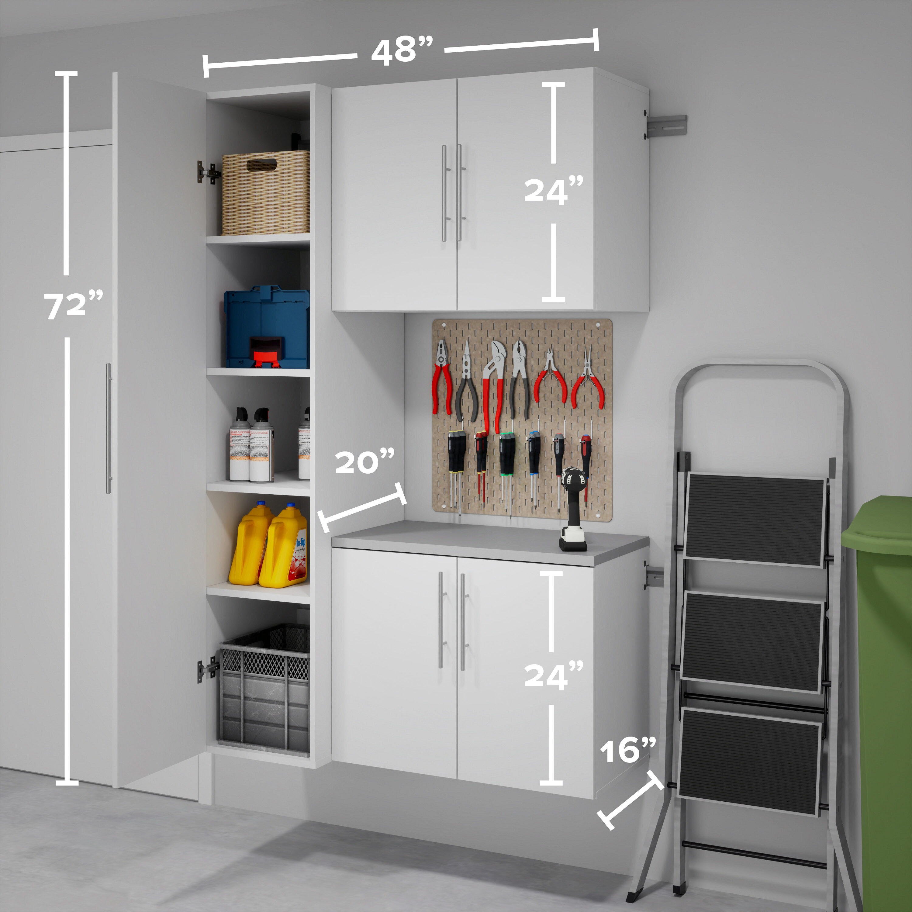 Sistema de almacenamiento para garaje Prepac HangUps blanco de madera compuesta de 3 gabinetes de 48 pulgadas de ancho, 72 pulgadas de alto y 20 pulgadas de profundidad WRGW-0710-3M