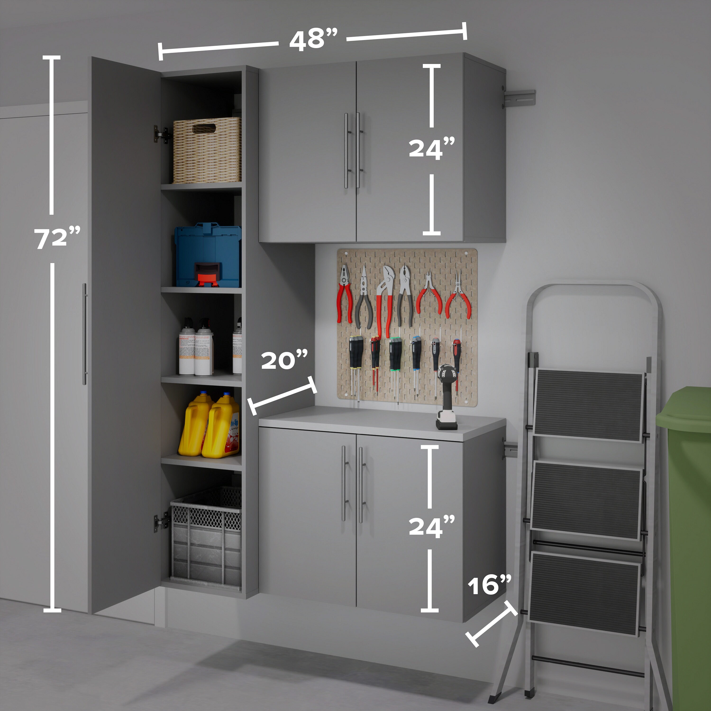 Sistema de almacenamiento para garaje en gris claro de madera compuesta con 3 gabinetes de 48 pulgadas de ancho x 72 pulgadas de alto x 20 pulgadas de profundidad Prepac GRGW-0710-3M