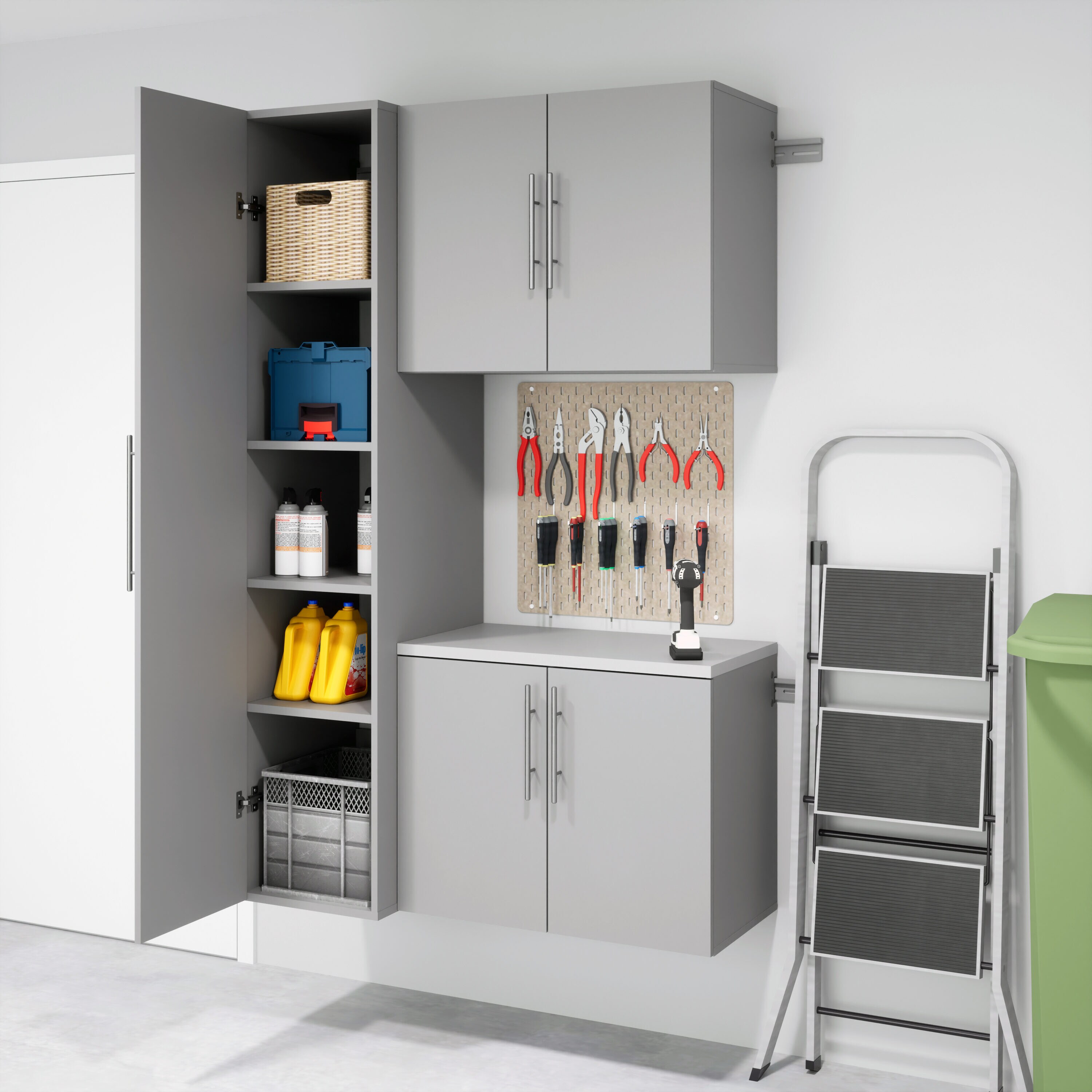 Sistema de almacenamiento para garaje en gris claro de madera compuesta con 3 gabinetes de 48 pulgadas de ancho x 72 pulgadas de alto x 20 pulgadas de profundidad Prepac GRGW-0710-3M