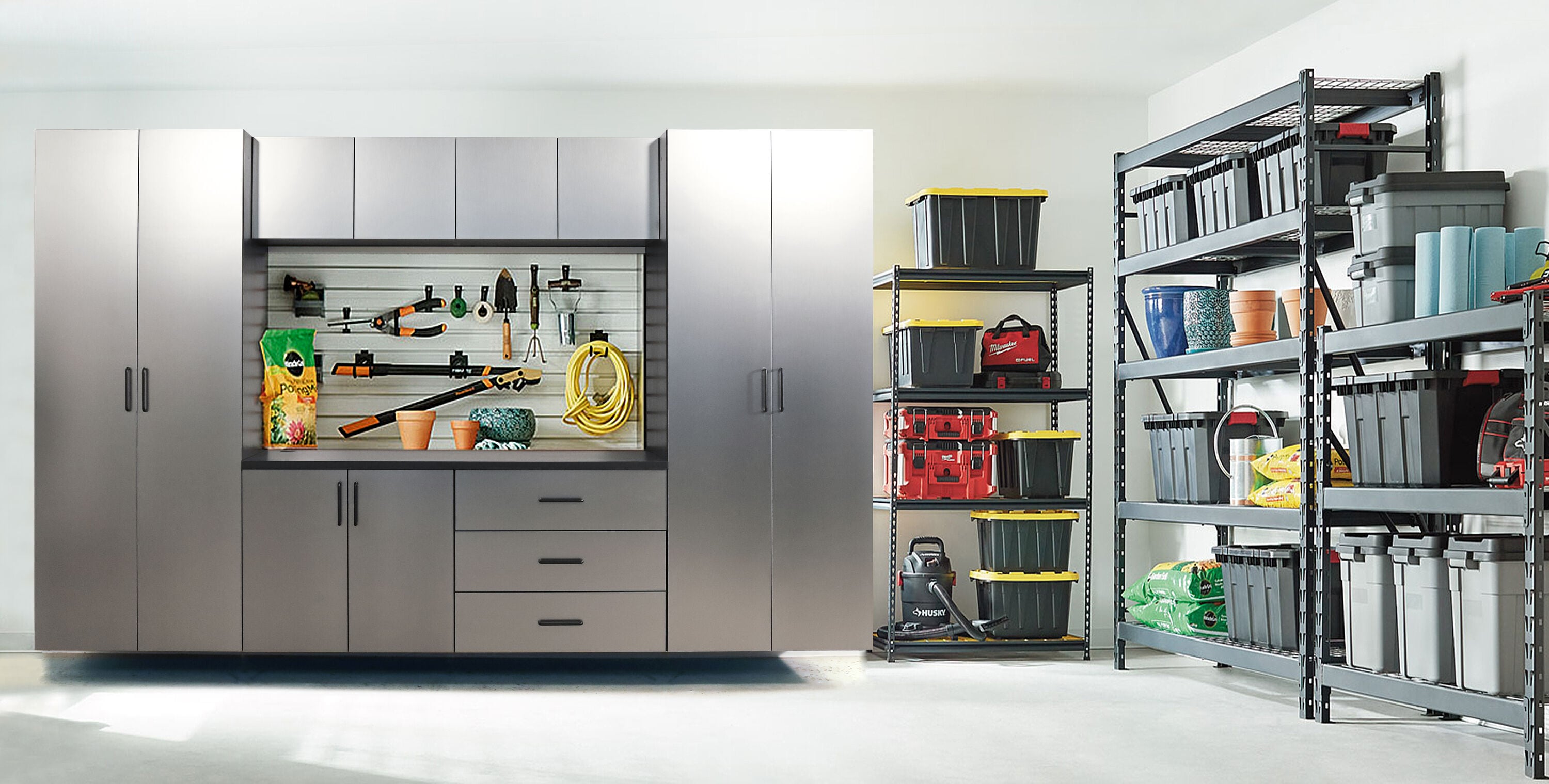 Sistema de almacenamiento para garaje en gris metálico de madera, 6 gabinetes de Klair Living, 128 pulgadas de ancho x 79 pulgadas de alto x 20 pulgadas de profundidad AST-2AB2CD