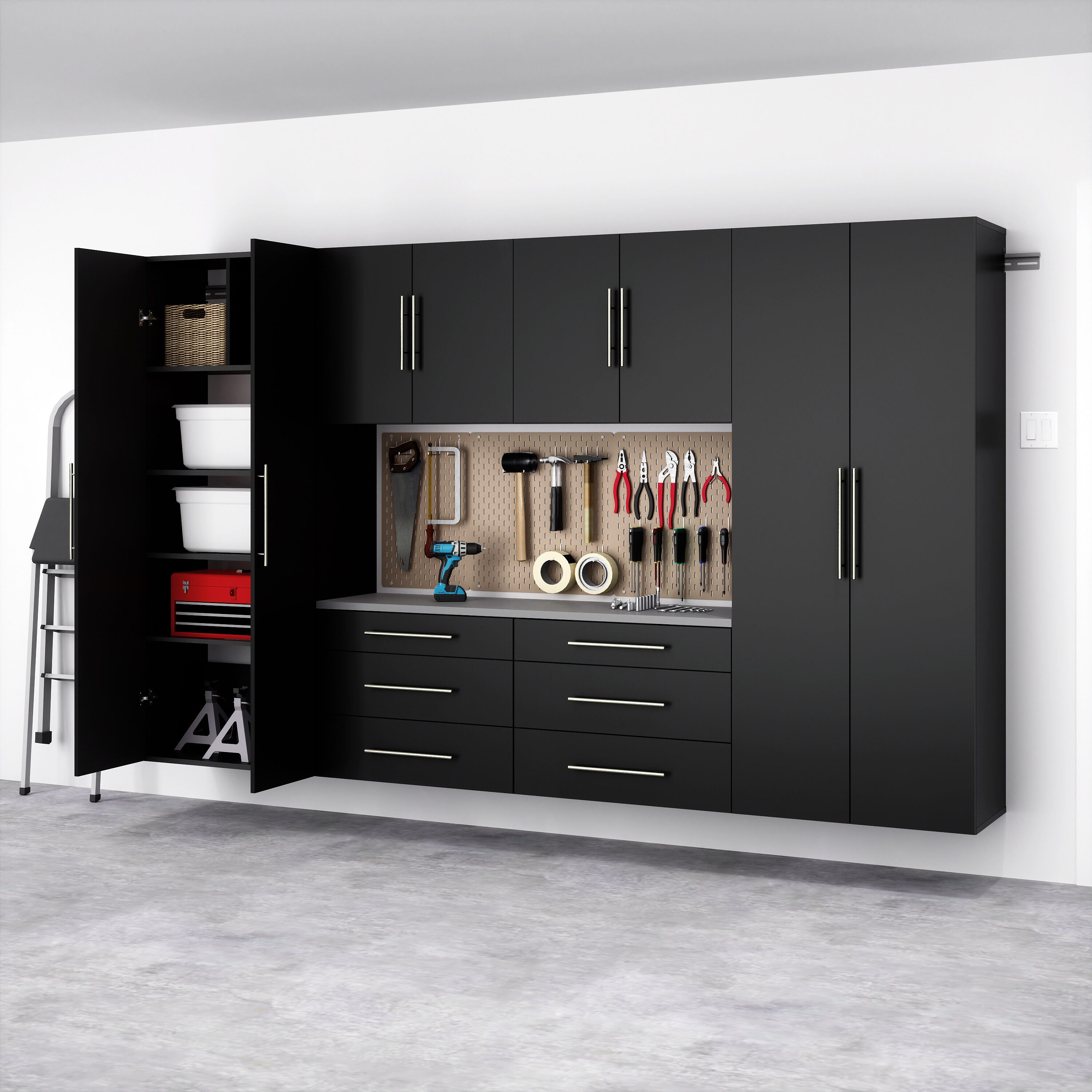 Sistema de almacenamiento para garaje Prepac de madera compuesta negra con 6 gabinetes de 120 pulgadas de ancho x 72 pulgadas de alto x 16 pulgadas de profundidad BRGW-0709-6M