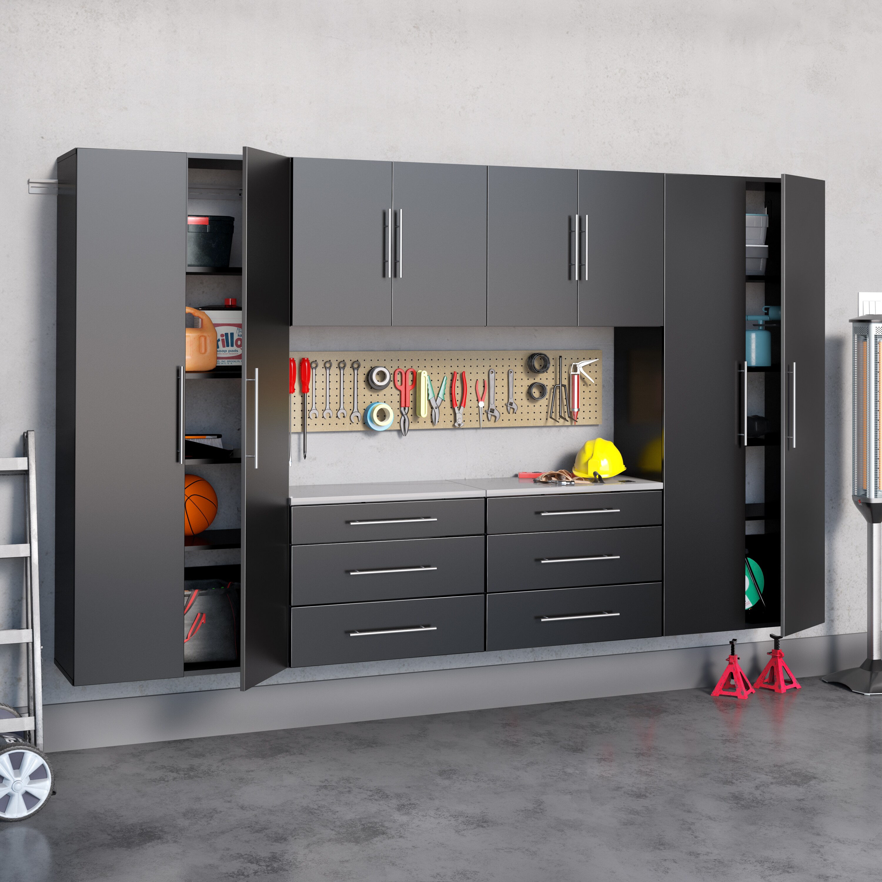 Sistema de almacenamiento para garaje Prepac de madera compuesta negra con 6 gabinetes de 120 pulgadas de ancho x 72 pulgadas de alto x 16 pulgadas de profundidad BRGW-0709-6M