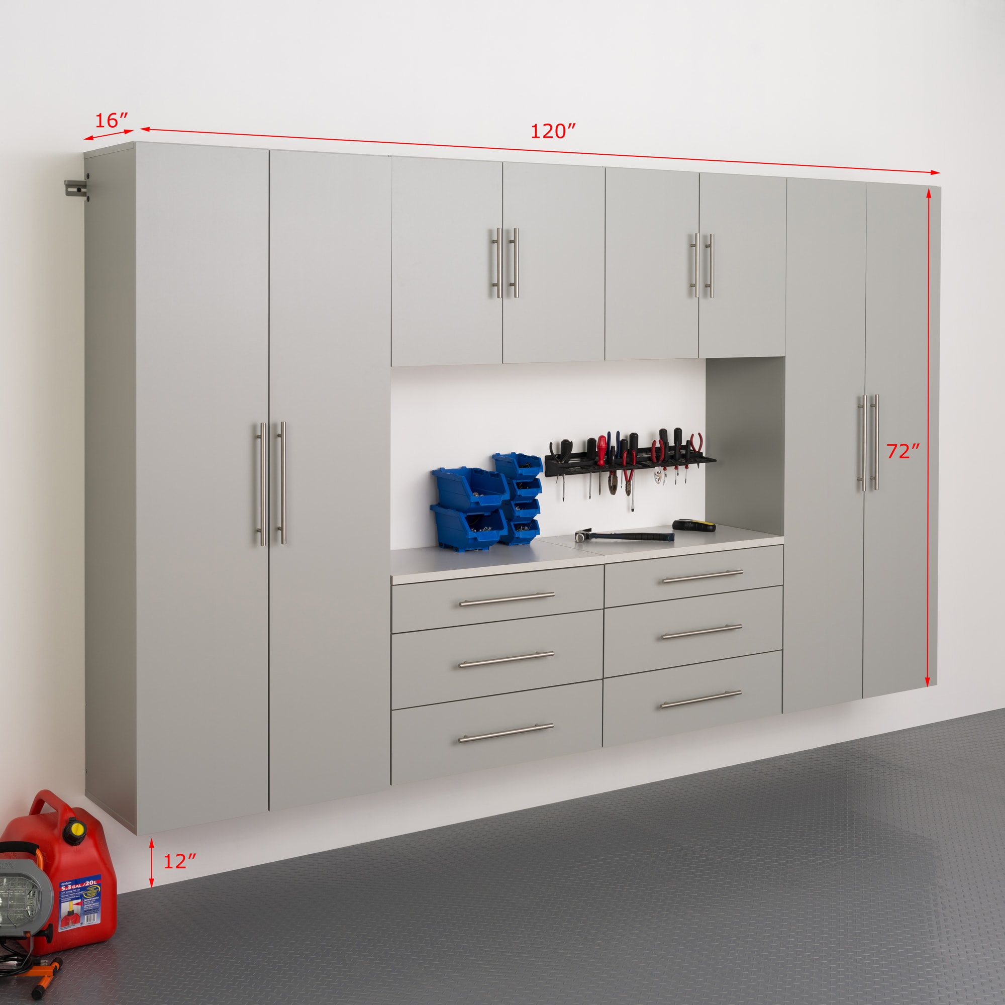 Sistema de almacenamiento para garage en color gris claro de madera compuesta con 6 gabinetes de 120 pulgadas de ancho x 72 pulgadas de alto x 16 pulgadas de profundidad Prepac GRGW-0709-6M
