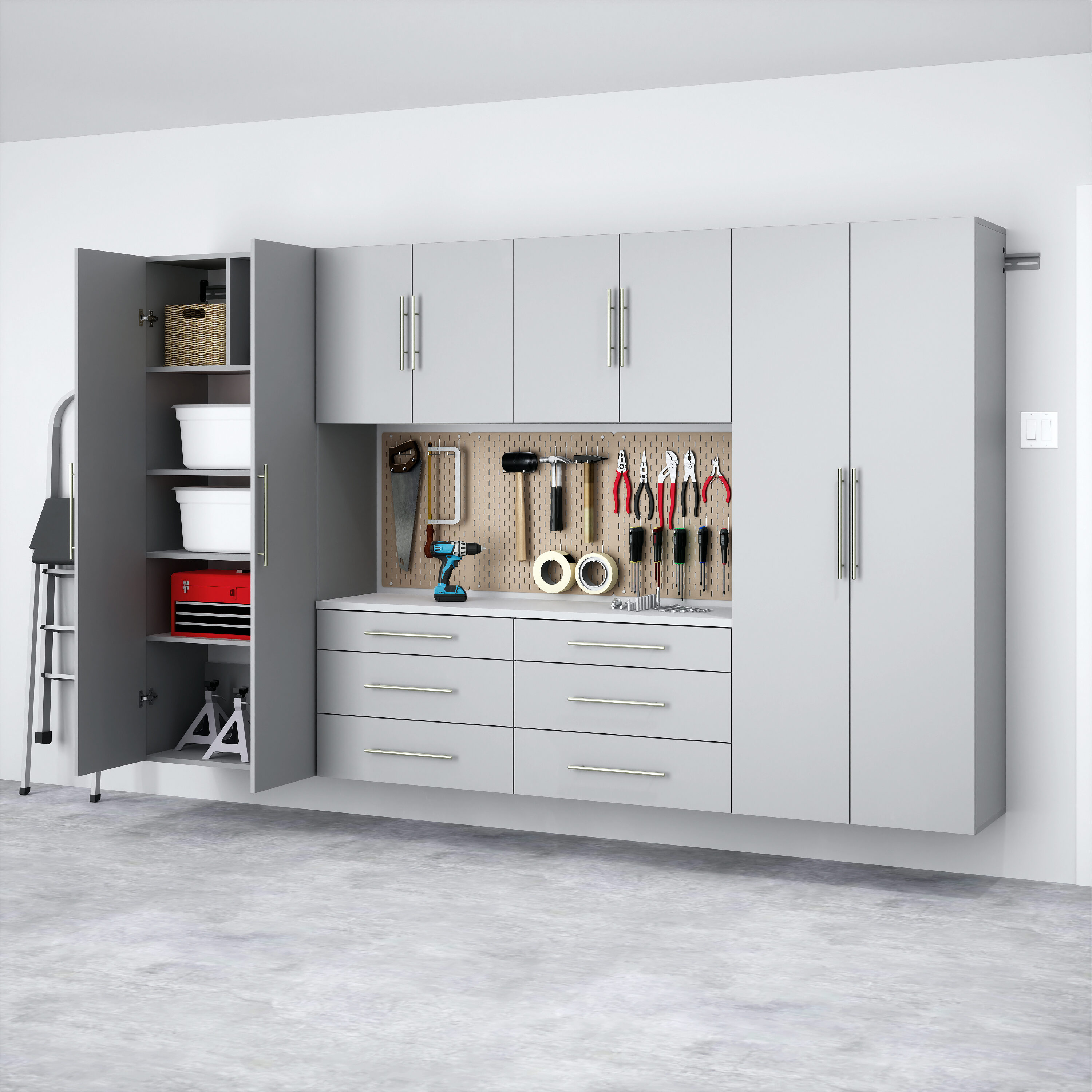 Sistema de almacenamiento para garage en color gris claro de madera compuesta con 6 gabinetes de 120 pulgadas de ancho x 72 pulgadas de alto x 16 pulgadas de profundidad Prepac GRGW-0709-6M