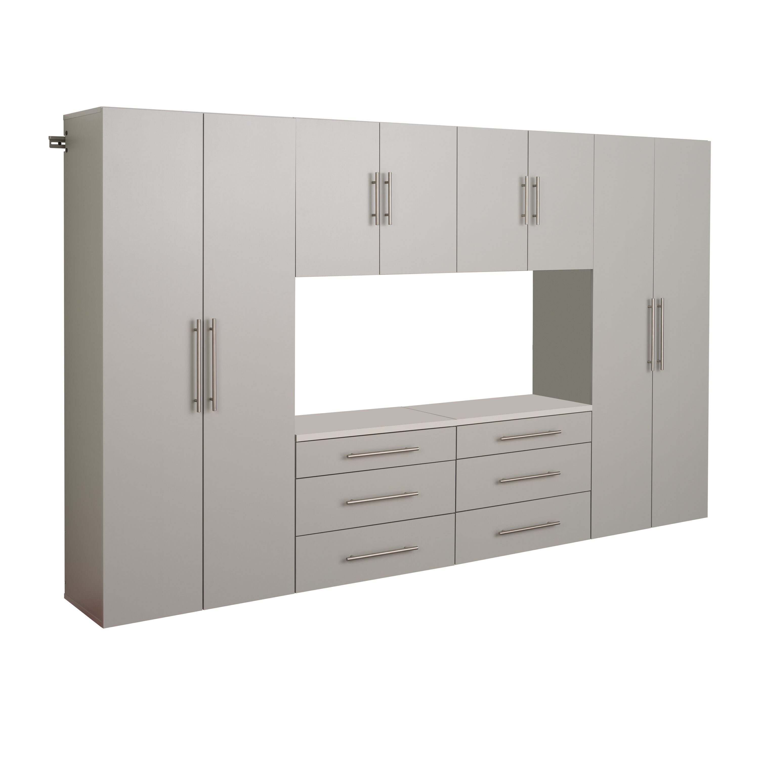 Sistema de almacenamiento para garage en color gris claro de madera compuesta con 6 gabinetes de 120 pulgadas de ancho x 72 pulgadas de alto x 16 pulgadas de profundidad Prepac GRGW-0709-6M