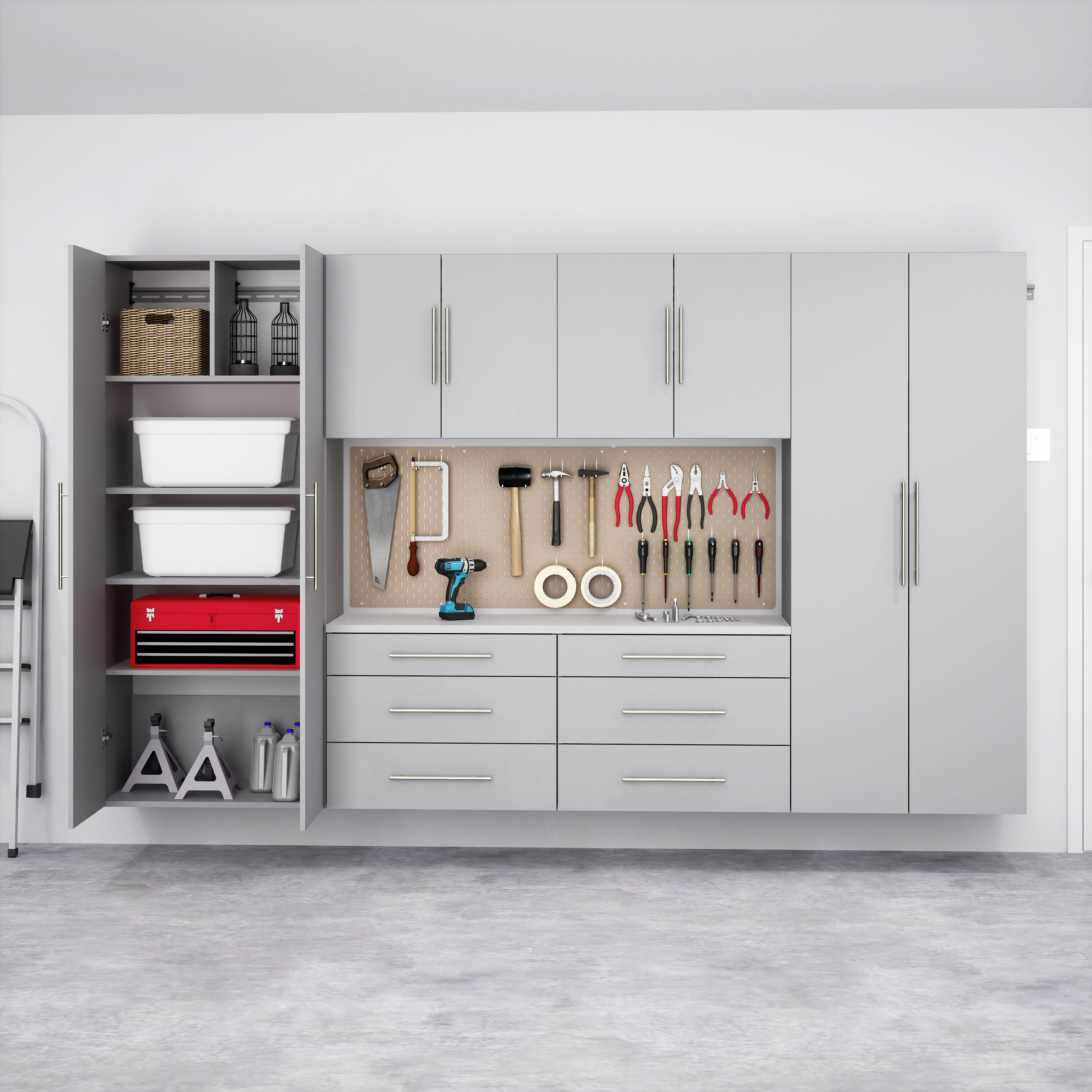 Sistema de almacenamiento para garage en color gris claro de madera compuesta con 6 gabinetes de 120 pulgadas de ancho x 72 pulgadas de alto x 16 pulgadas de profundidad Prepac GRGW-0709-6M