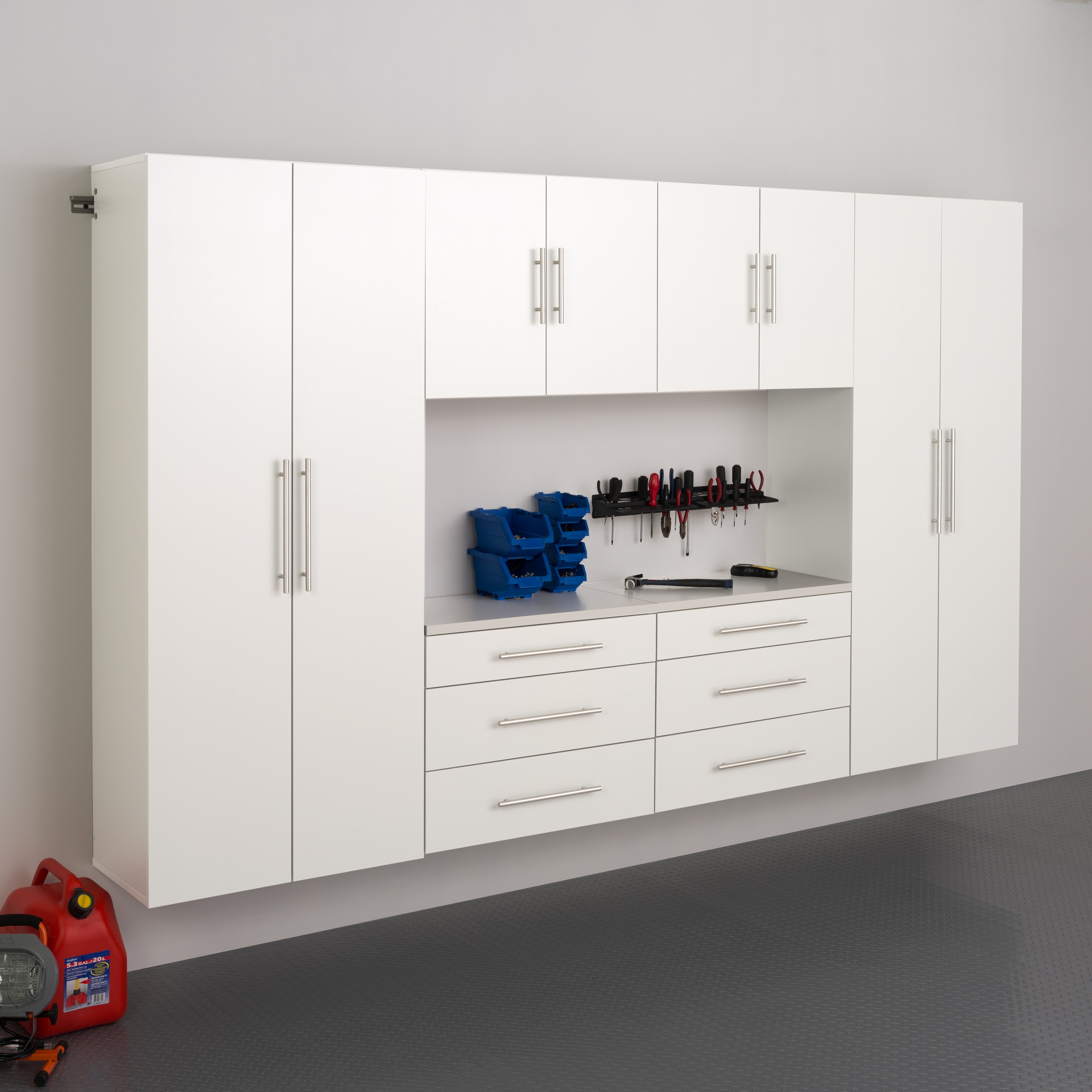 Sistema de Almacenamiento para Garaje Blanco de Madera Compuesta con 6 Gabinetes de 120 pulgadas de ancho, 72 pulgadas de alto y 16 pulgadas de profundidad WRGW-0709-6M