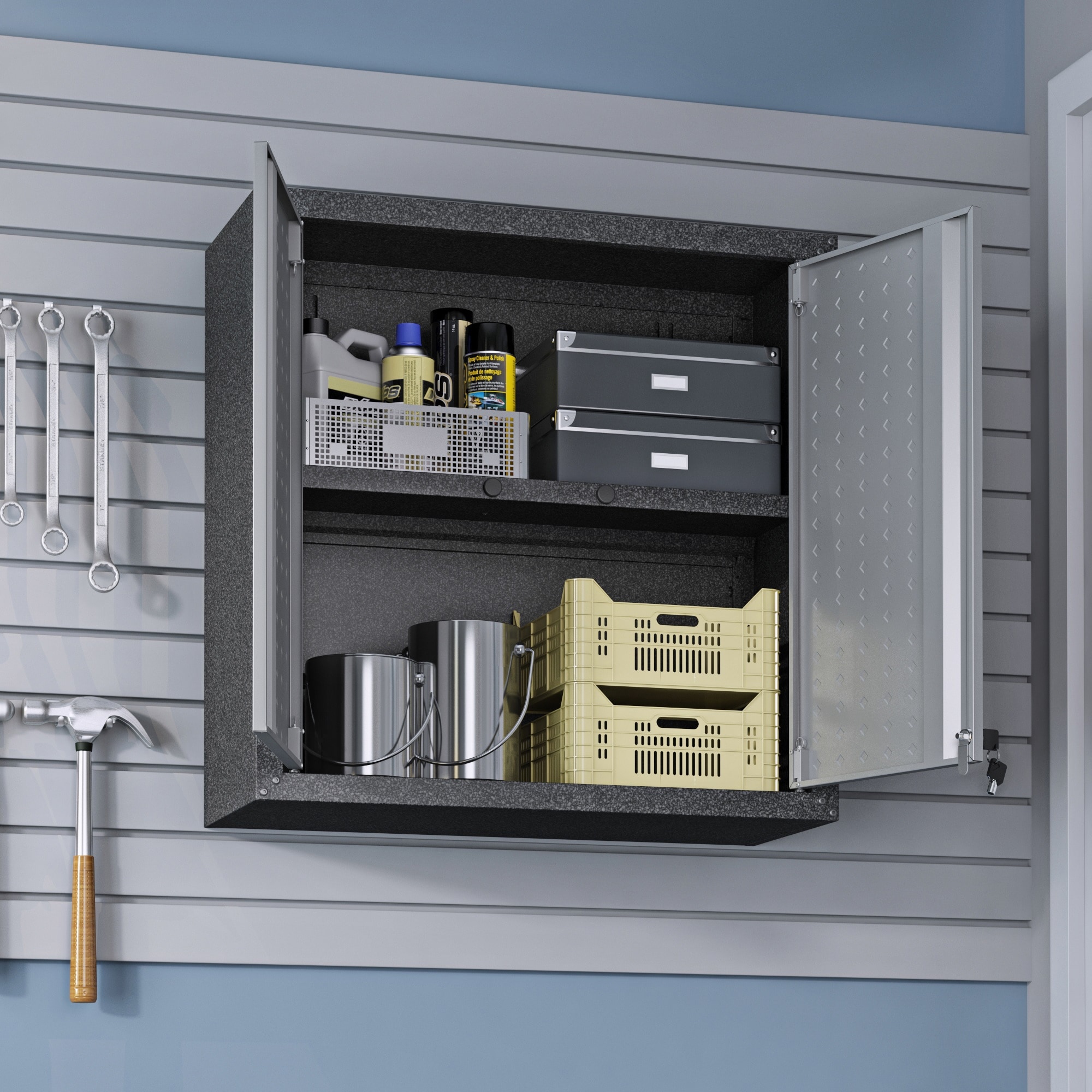 Gabinete de garaje de aluminio montado en la pared Manhattan Comfort Fortress de 30 pulgadas de ancho x 30.3 pulgadas de alto x 12.5 pulgadas de profundidad en color gris