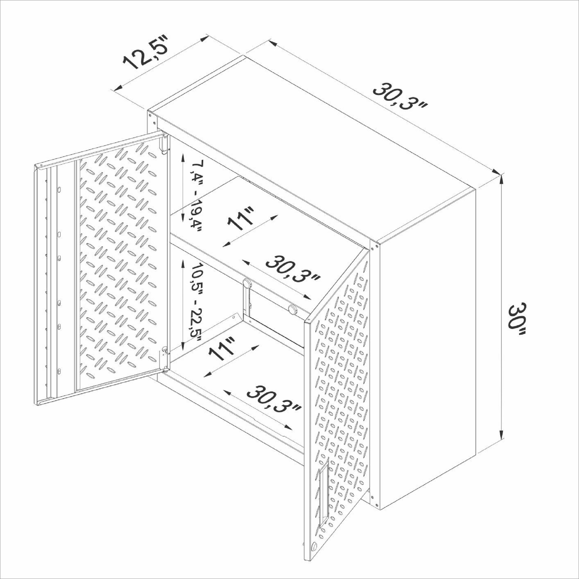 Gabinete de garaje de aluminio montado en la pared Manhattan Comfort Fortress de 30 pulgadas de ancho x 30.3 pulgadas de alto x 12.5 pulgadas de profundidad en color gris