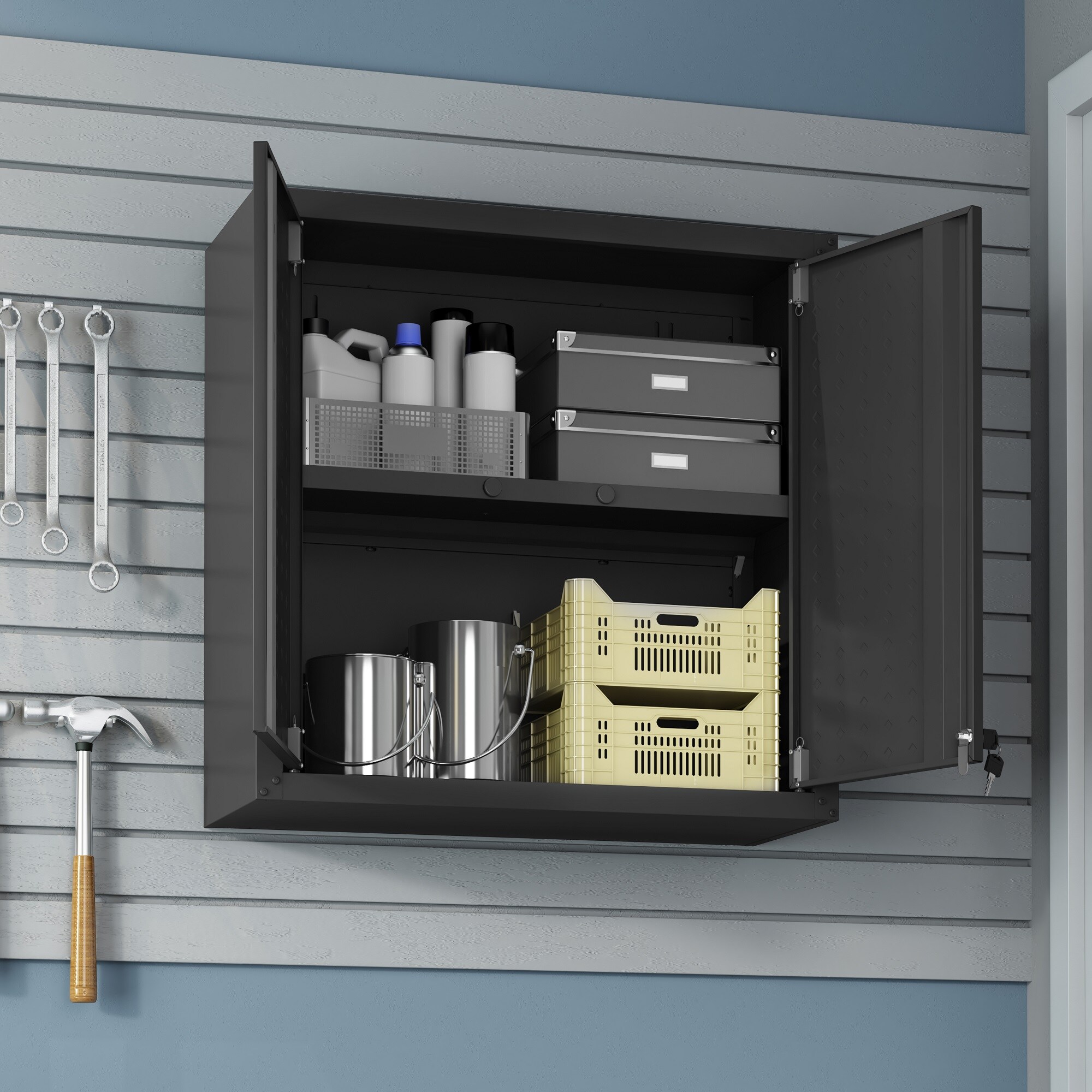 Gabinete de garaje de aluminio montado en la pared Manhattan Comfort Fortress de 30 pulgadas de ancho x 30.3 pulgadas de alto x 12.5 pulgadas de profundidad en gris 5GMC-CH
