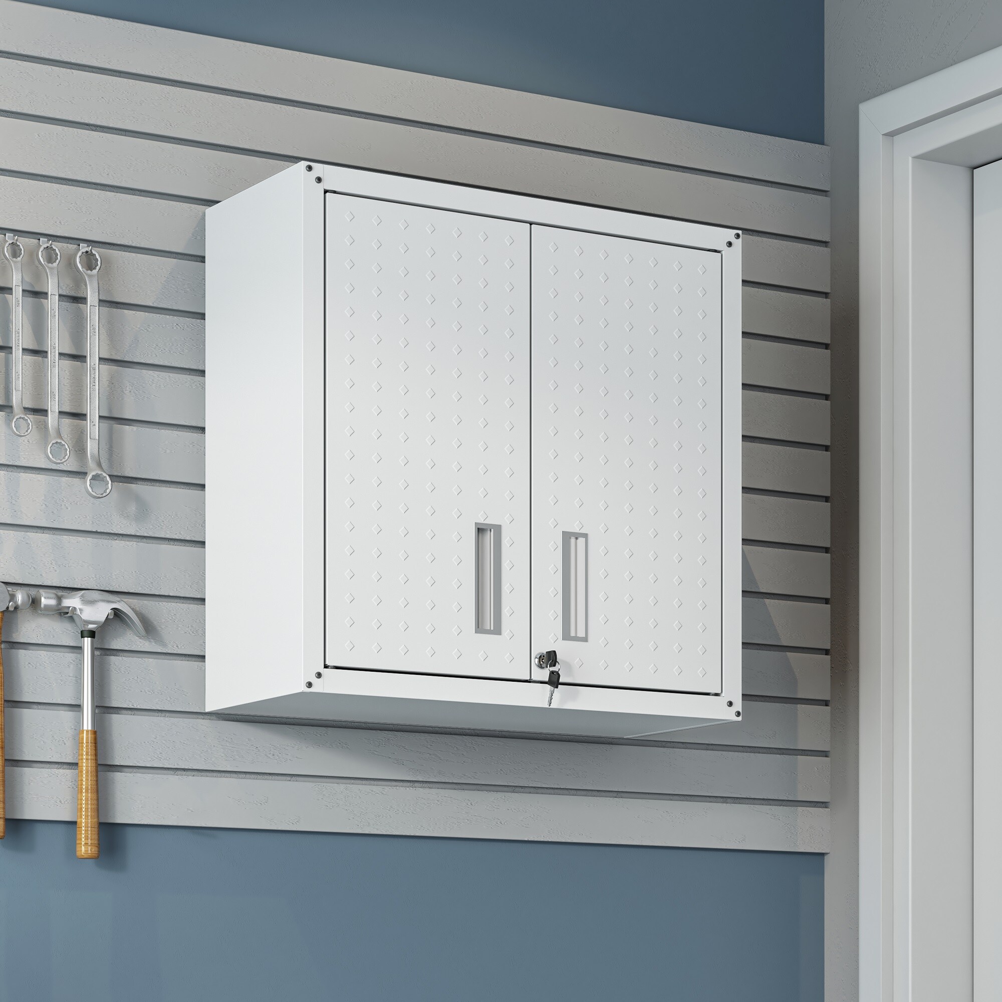 Gabinete de garaje de aluminio montado en la pared en blanco de 30 pulgadas de ancho x 30.3 pulgadas de alto x 12.5 pulgadas de profundidad de Manhattan Comfort Fortress