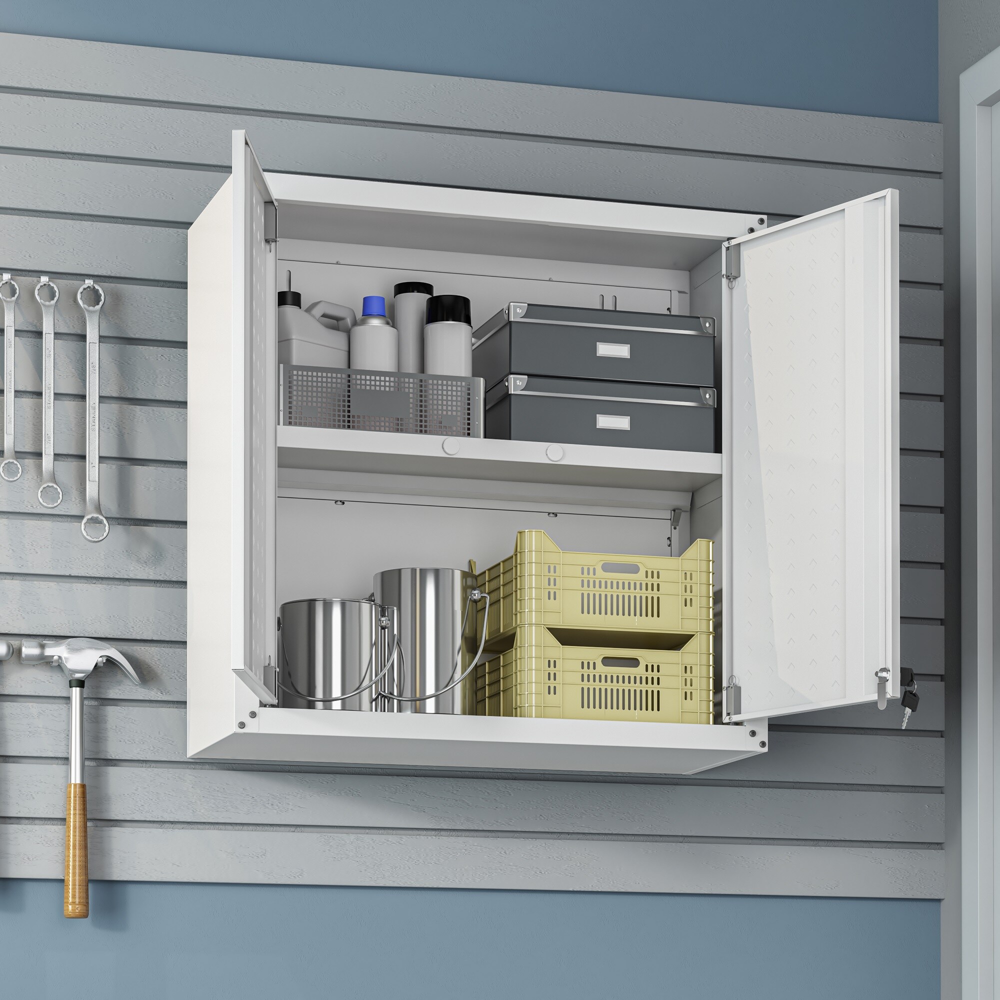 Gabinete de garaje de aluminio montado en la pared en blanco de 30 pulgadas de ancho x 30.3 pulgadas de alto x 12.5 pulgadas de profundidad de Manhattan Comfort Fortress