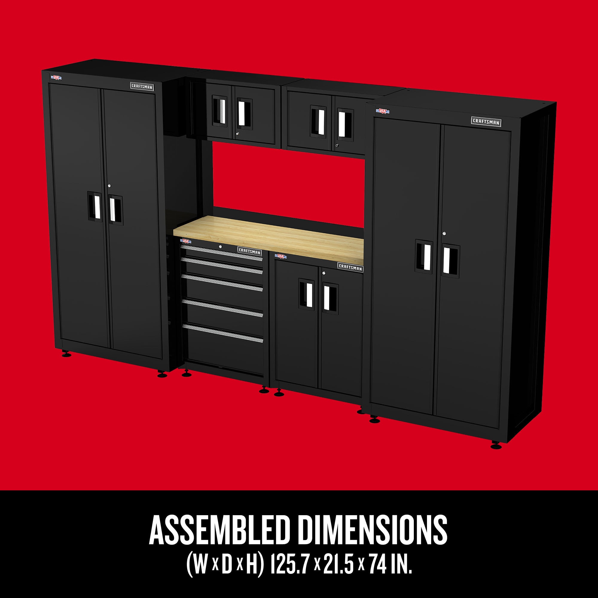 Sistema de almacenamiento para garaje Craftman de acero negro/suave con 6 gabinetes de 125.7 pulgadas de ancho x 74 pulgadas de alto x 21.5 pulgadas de profundidad CMST98242BK