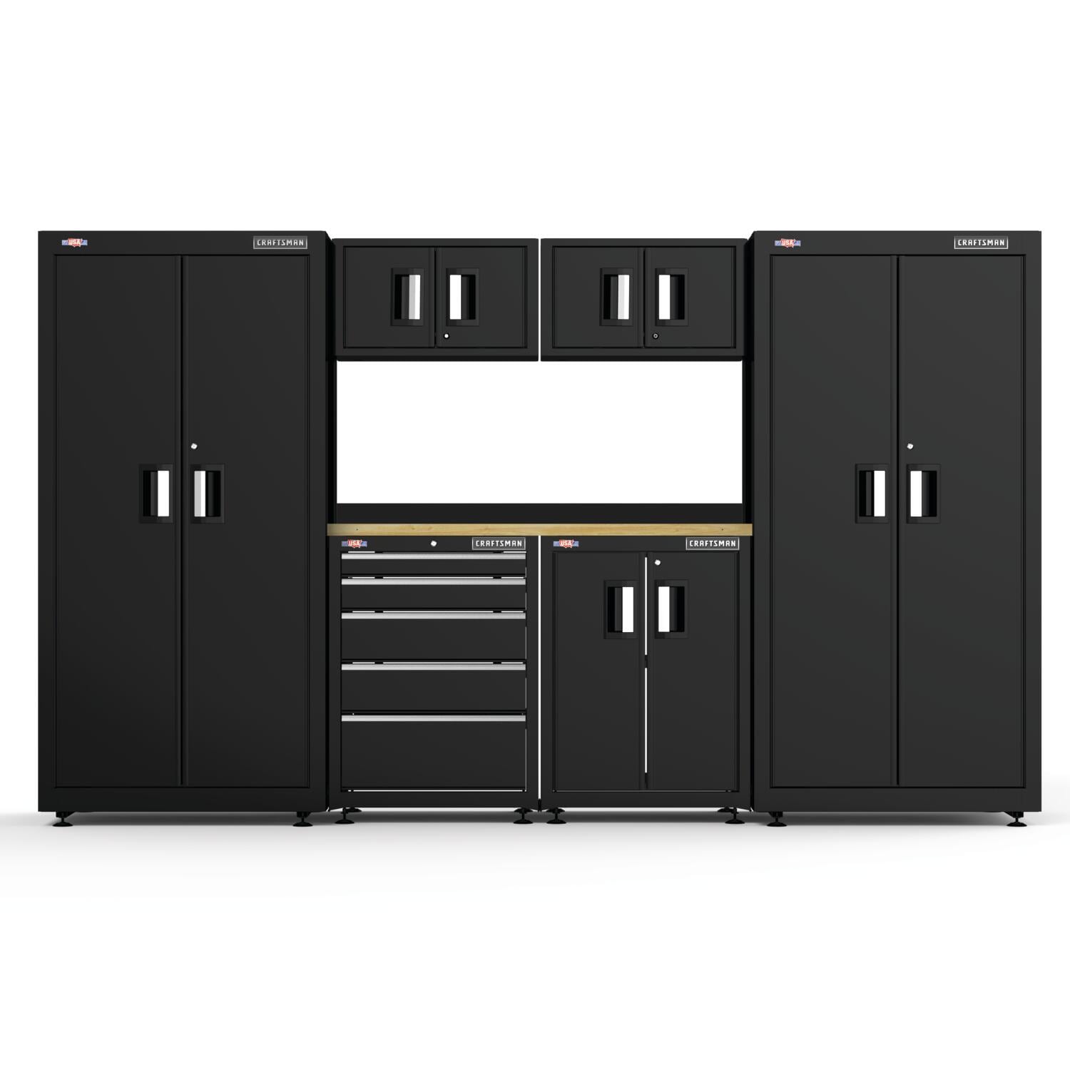 Sistema de almacenamiento para garaje Craftman de acero negro/suave con 6 gabinetes de 125.7 pulgadas de ancho x 74 pulgadas de alto x 21.5 pulgadas de profundidad CMST98242BK