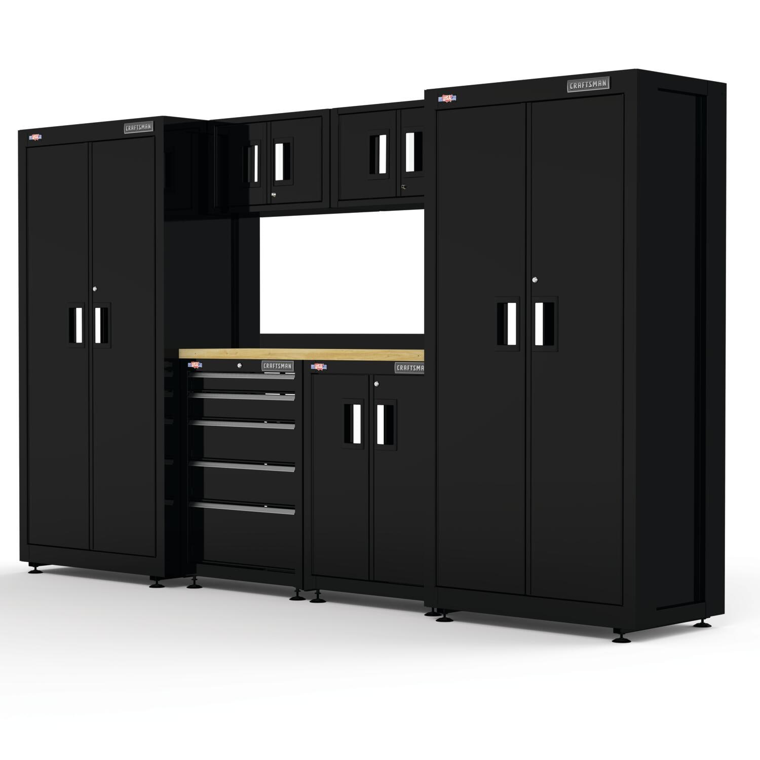 Sistema de almacenamiento para garaje Craftman de acero negro/suave con 6 gabinetes de 125.7 pulgadas de ancho x 74 pulgadas de alto x 21.5 pulgadas de profundidad CMST98242BK