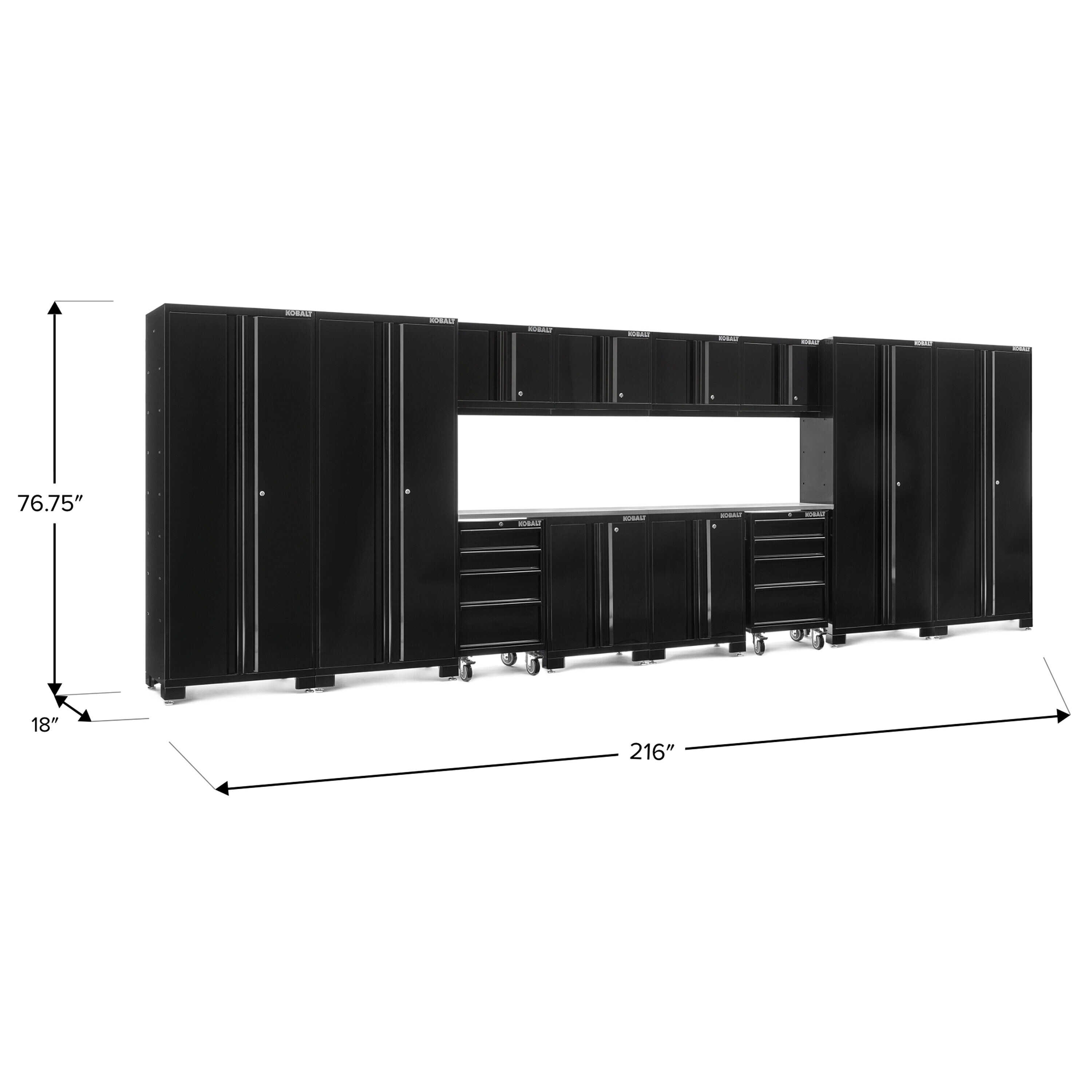 Sistema de almacenamiento para garaje en acero negro Kobalt de 12 gabinetes de 216 pulgadas de ancho x 76 pulgadas de alto x 18 pulgadas de profundidad 53978