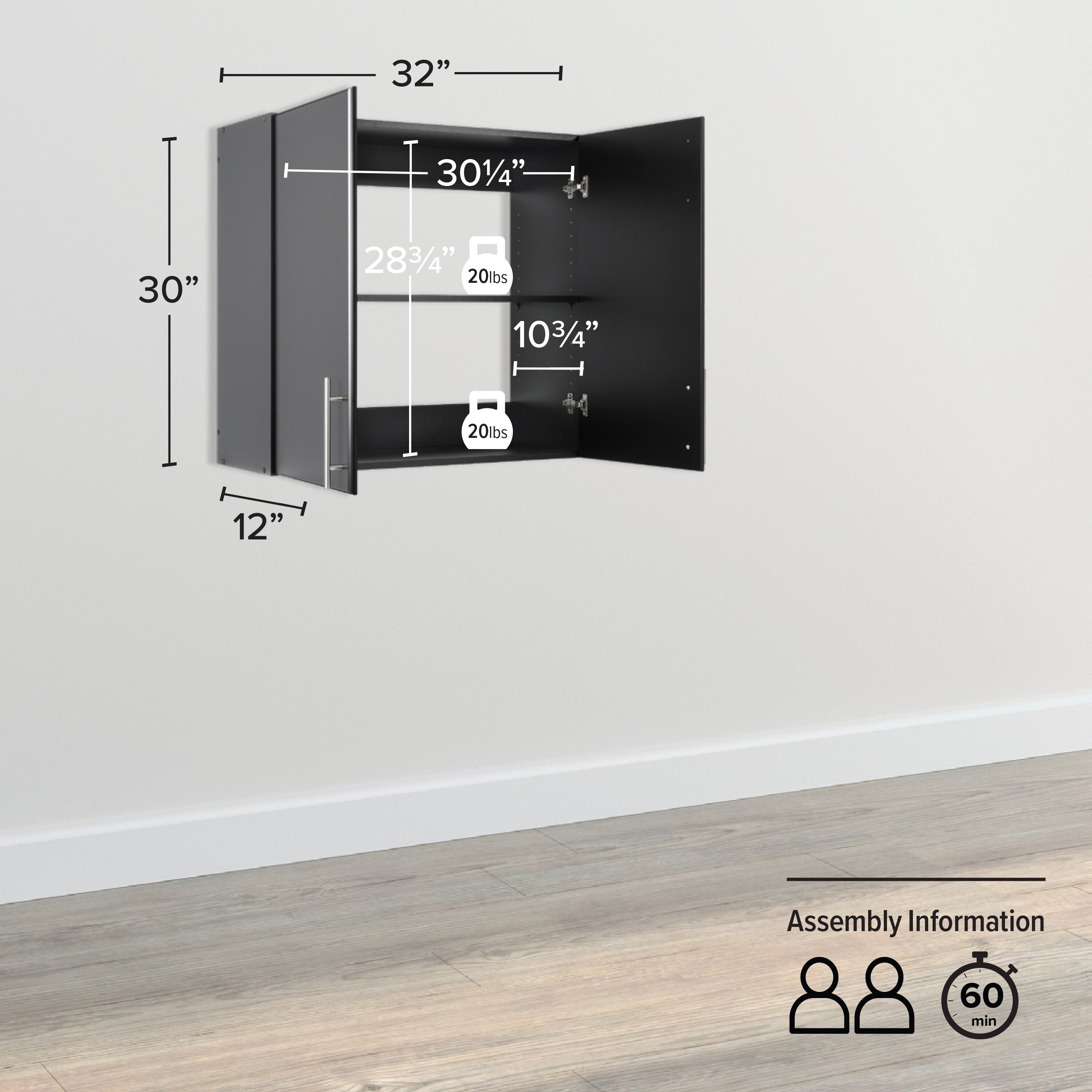 Gabinete de almacenamiento utilitario de montaje en pared negro de composite de madera Prepac Elite de 32 pulgadas de ancho por 30 pulgadas de alto BEW-3230