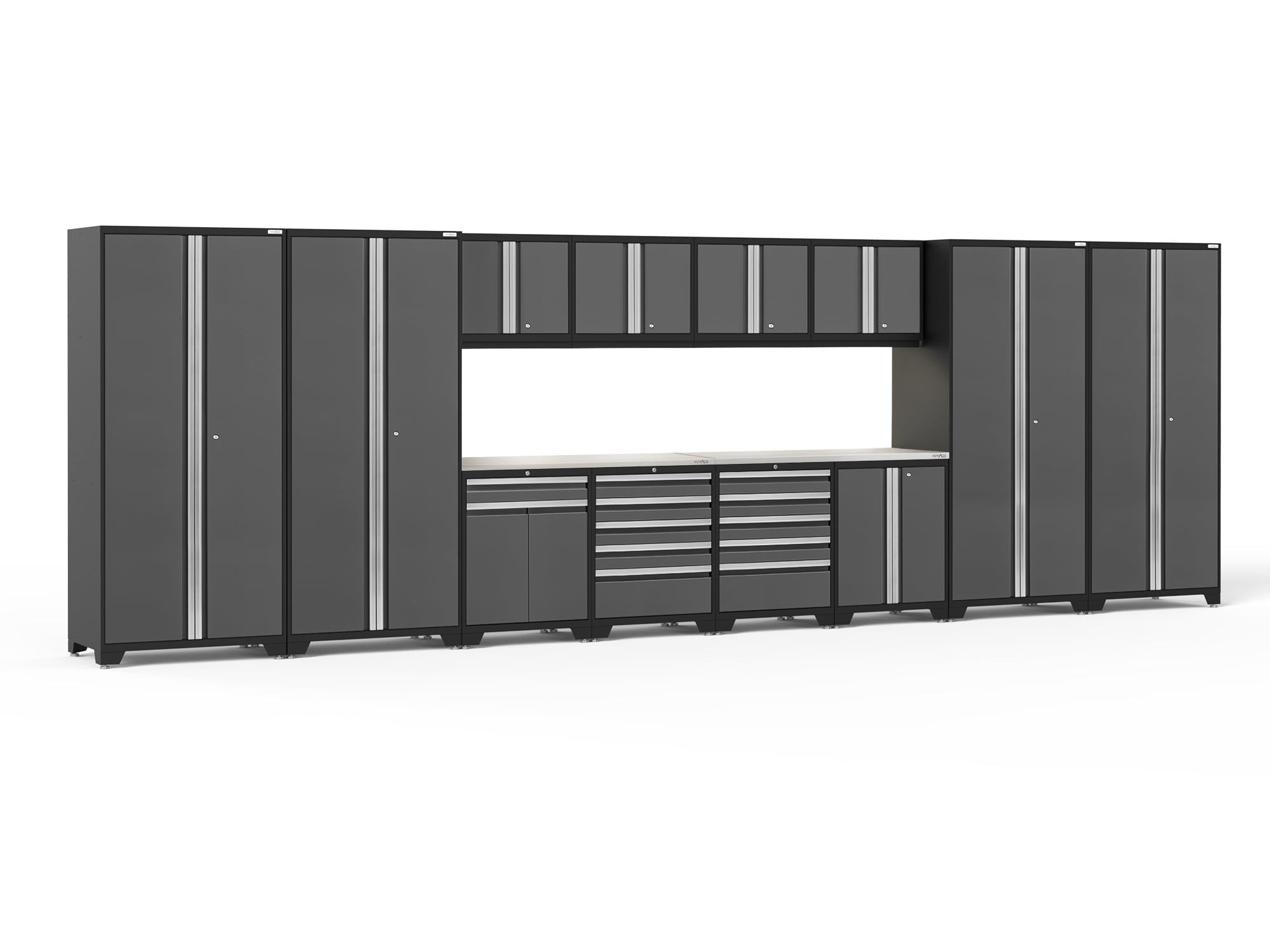 Sistema de almacenamiento para garage en acero gris carbón de 12 gabinetes NewAge Products de 256.0 pulgadas de ancho, 84.75 pulgadas de alto y 24.0 pulgadas de profundidad 52198