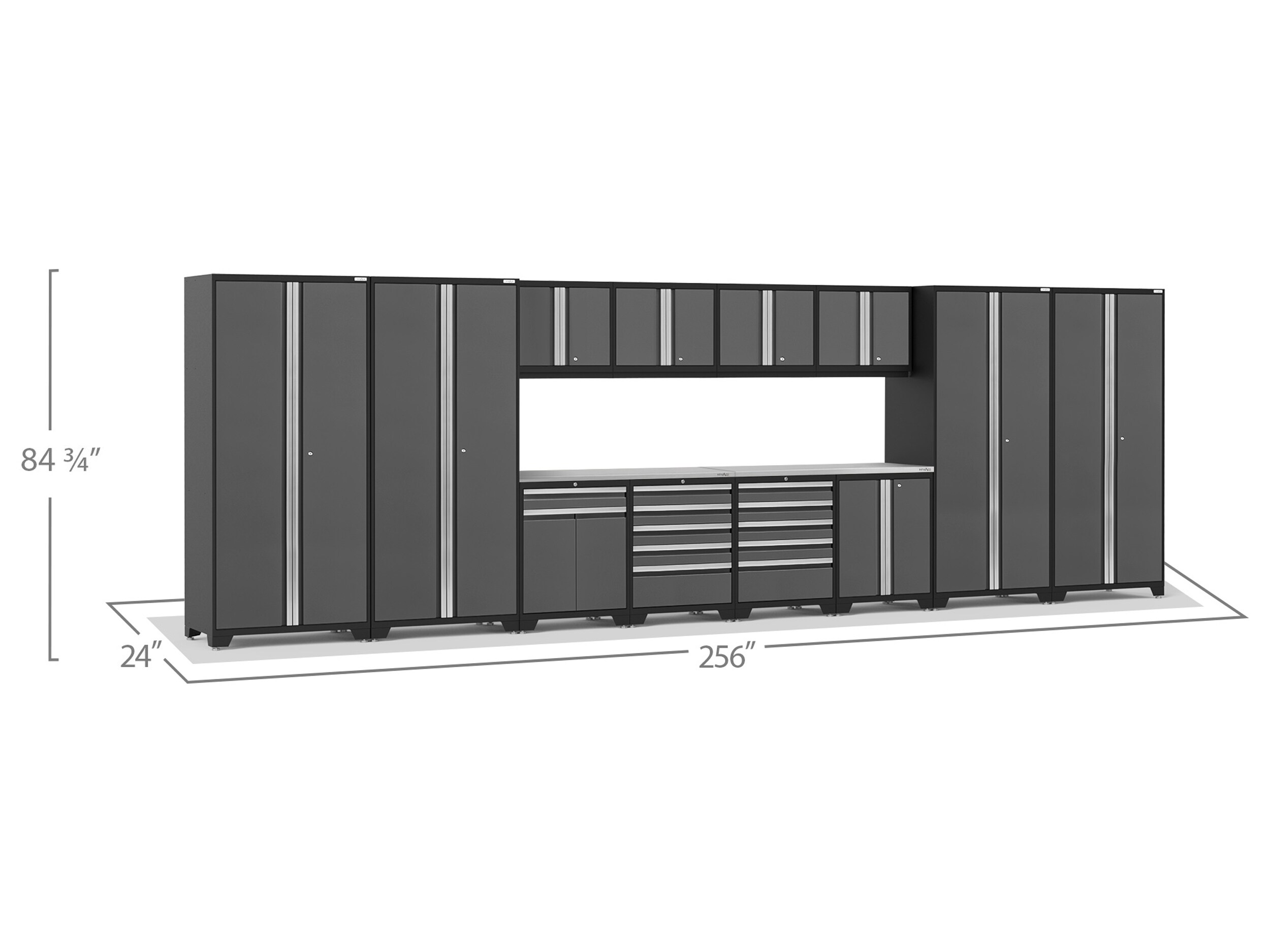 Sistema de almacenamiento para garage en acero gris carbón de 12 gabinetes NewAge Products de 256.0 pulgadas de ancho, 84.75 pulgadas de alto y 24.0 pulgadas de profundidad 52198