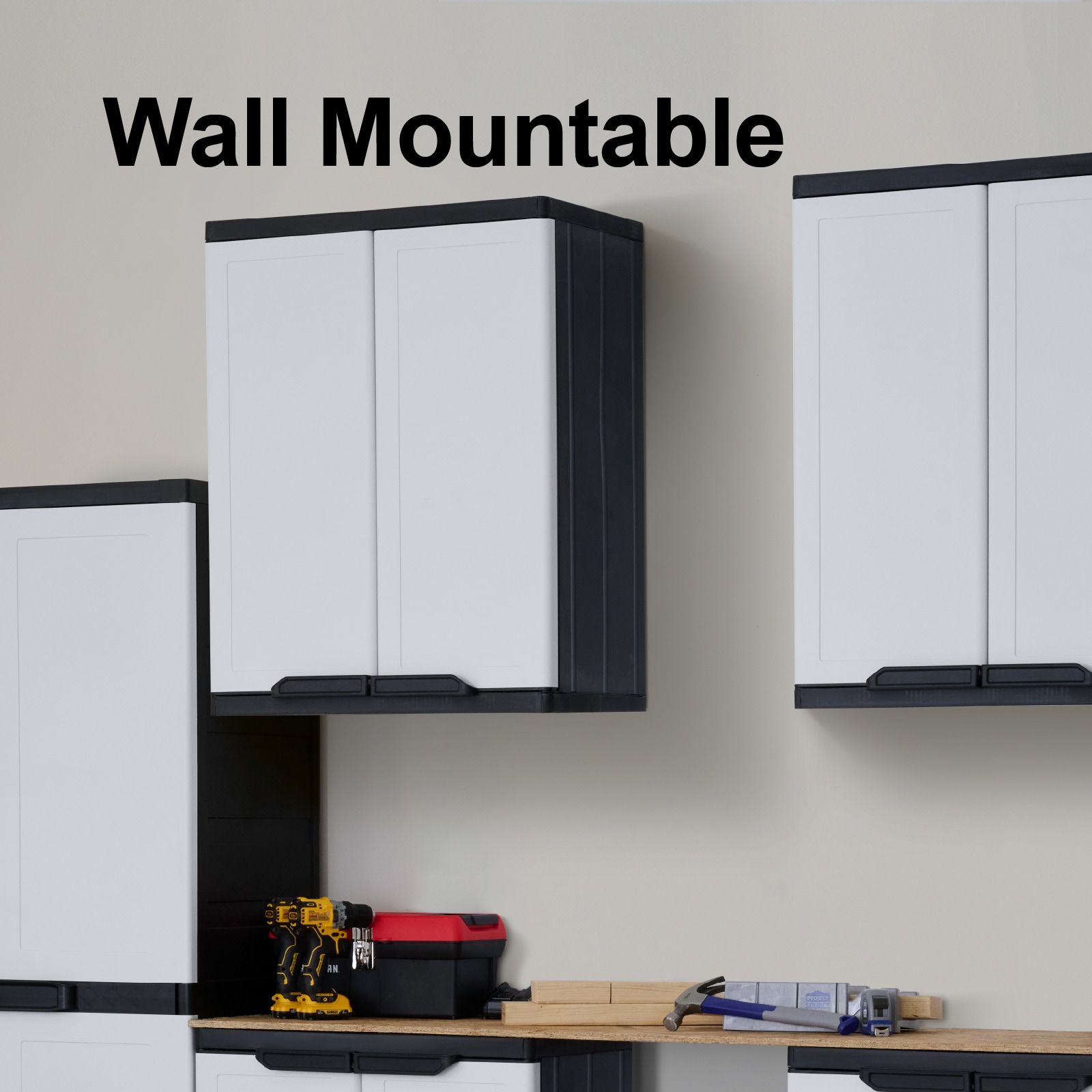 Gabinete de plástico para garaje en blanco marfil para montar en la pared o de pie, de Project Source Premium One de 26.9 pulgadas de ancho x 34 pulgadas de alto x 15.75 pulgadas de profundidad