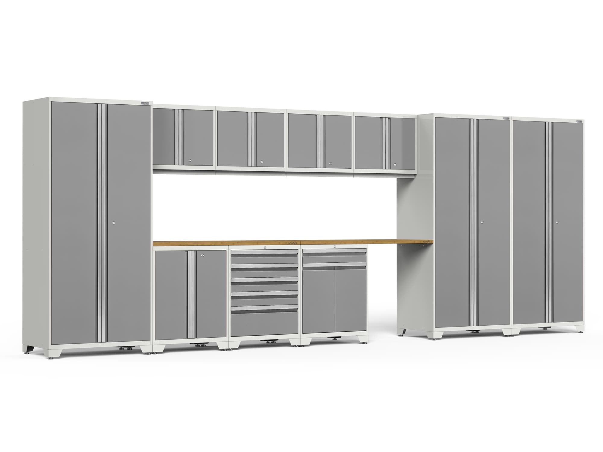 Sistema de almacenamiento para garaje de acero platino con 10 gabinetes de NewAge Products de 220.0 pulgadas de ancho x 84.75 pulgadas de alto x 24.0 pulgadas de profundidad 52518
