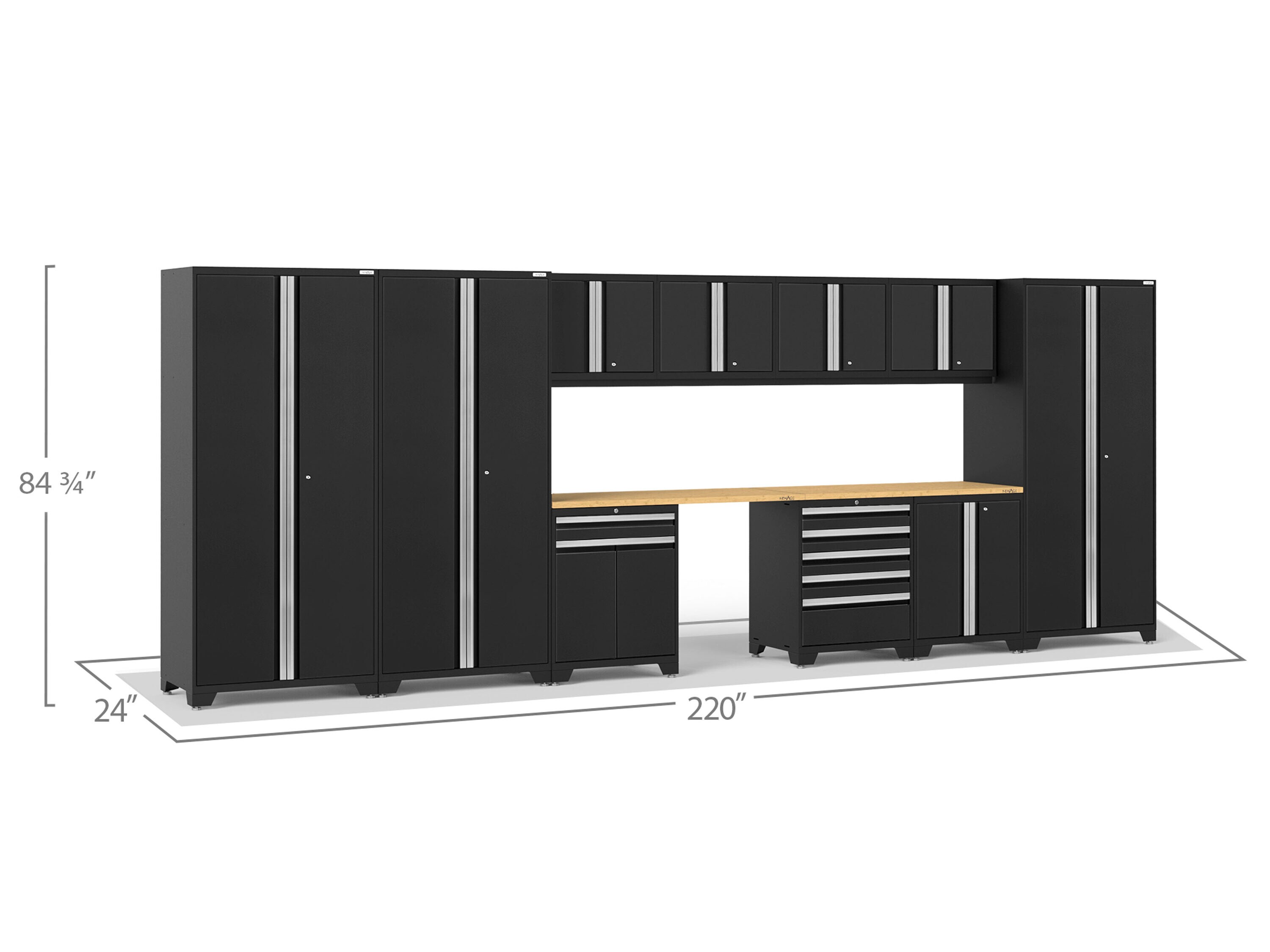 Sistema de almacenamiento para garaje en acero negro de 10 gabinetes NewAge Products de 220 pulgadas de ancho x 84.75 pulgadas de alto x 24 pulgadas de profundidad 64292