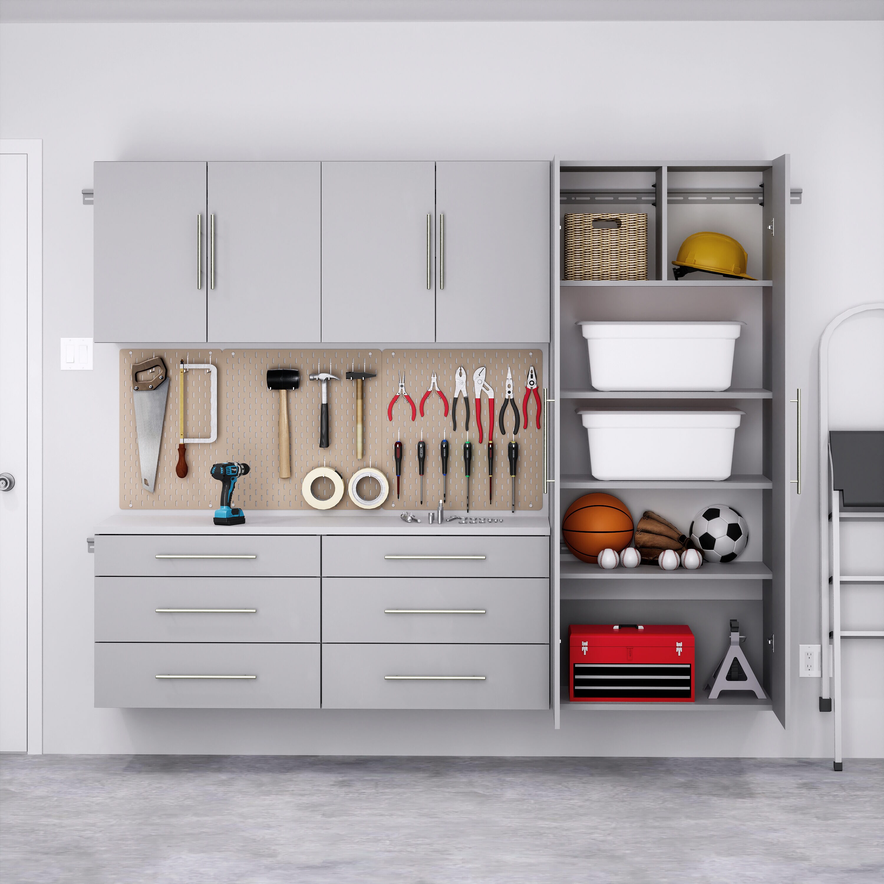 Sistema de almacenaje para garaje en gris claro de madera compuesta de 5 gabinetes de 90 pulgadas de ancho x 72 pulgadas de alto x 16 pulgadas de profundidad Prepac GRGW-0708-5M