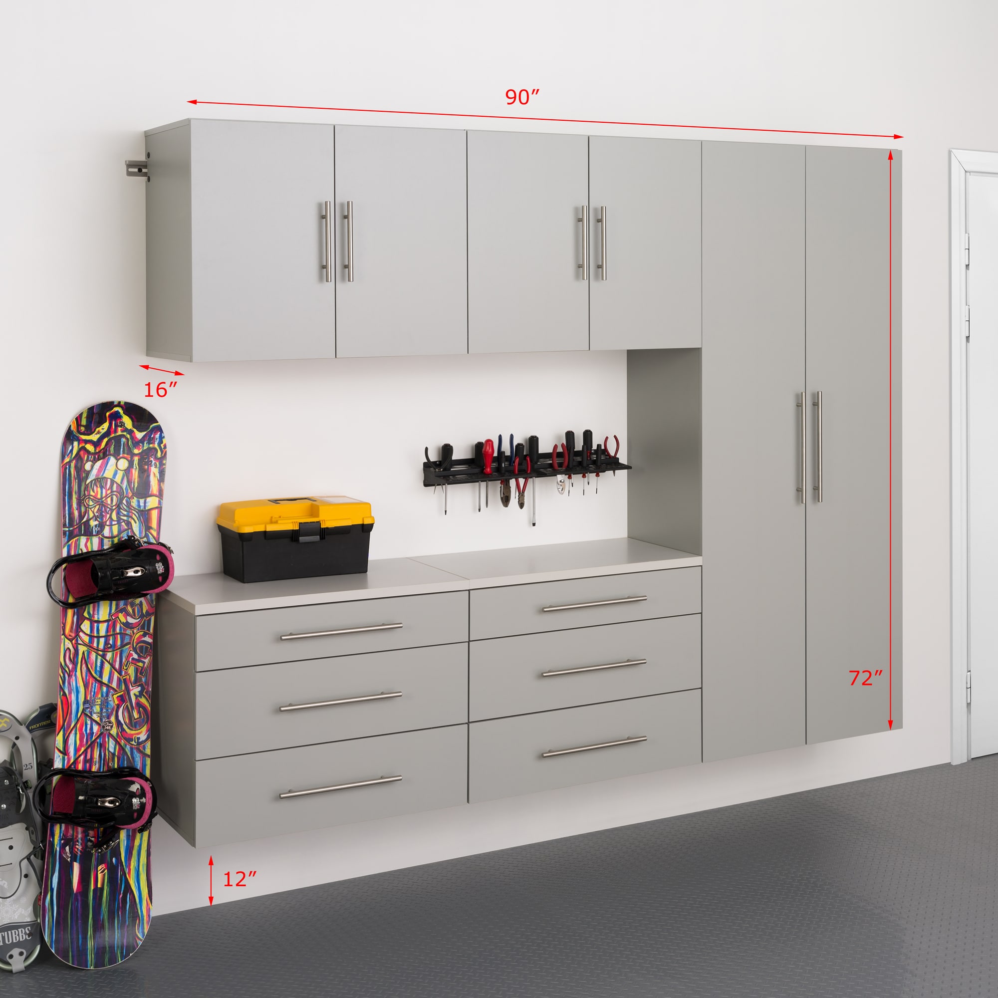 Sistema de almacenaje para garaje en gris claro de madera compuesta de 5 gabinetes de 90 pulgadas de ancho x 72 pulgadas de alto x 16 pulgadas de profundidad Prepac GRGW-0708-5M