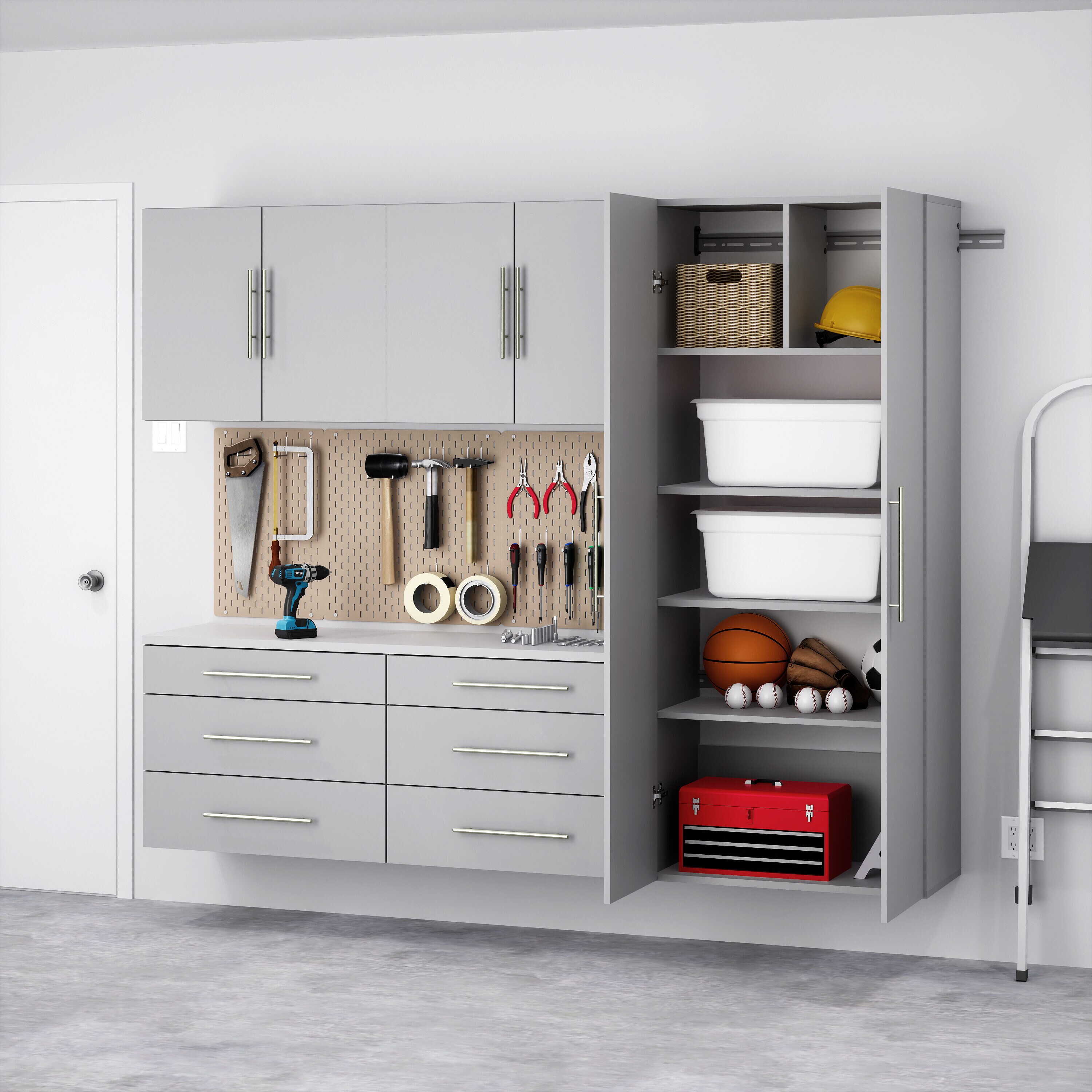 Sistema de almacenaje para garaje en gris claro de madera compuesta de 5 gabinetes de 90 pulgadas de ancho x 72 pulgadas de alto x 16 pulgadas de profundidad Prepac GRGW-0708-5M