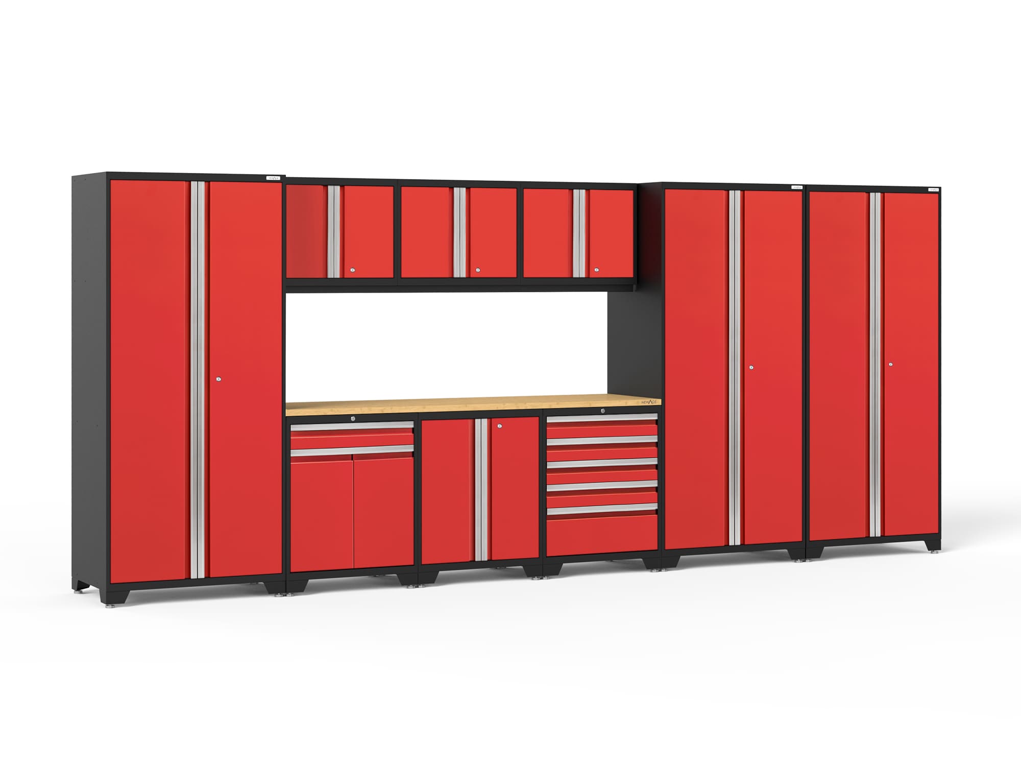 Sistema de almacenamiento para garaje de acero profundo color rojo intenso con 9 gabinetes de NewAge Products de 192 pulgadas de ancho, 84.75 pulgadas de alto y 24 pulgadas de profundidad.