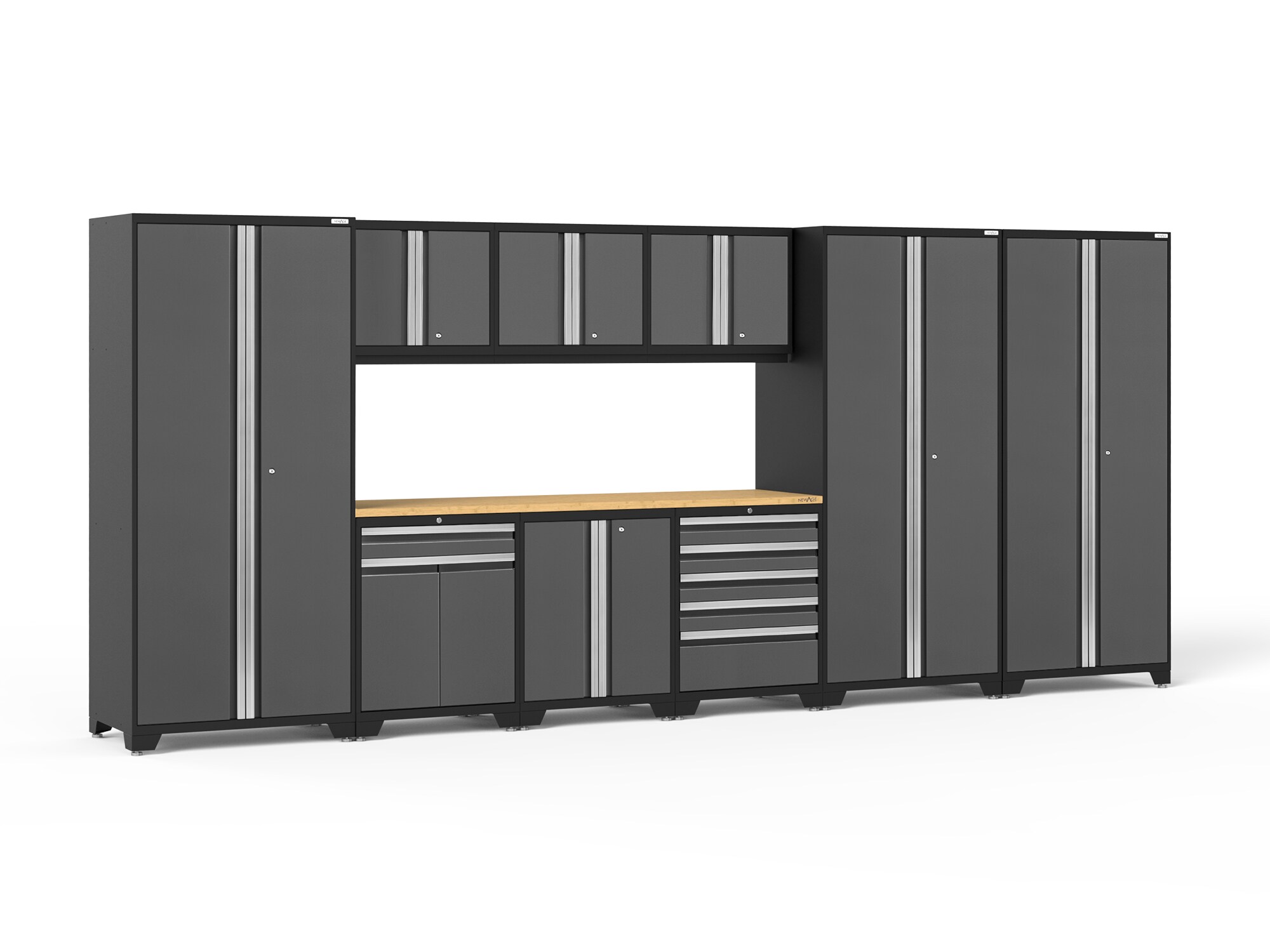 Sistema de almacenamiento para garaje en acero gris carbón con 9 gabinetes de 192 pulgadas de ancho x 84.75 pulgadas de alto x 24 pulgadas de profundidad de NewAge Products 52151