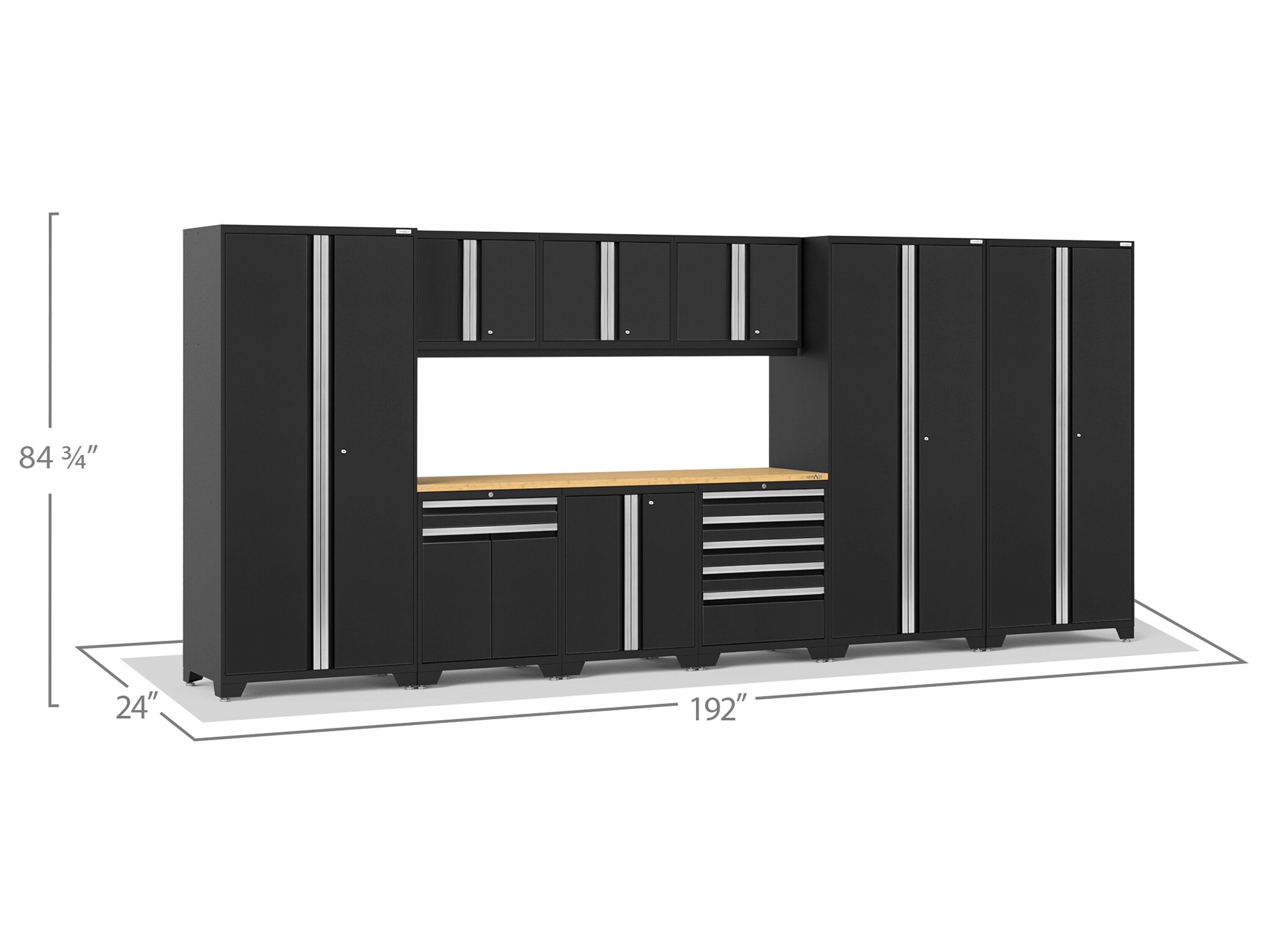 Sistema de almacenamiento para garaje en acero gris carbón con 9 gabinetes de 192 pulgadas de ancho x 84.75 pulgadas de alto x 24 pulgadas de profundidad de NewAge Products 52151