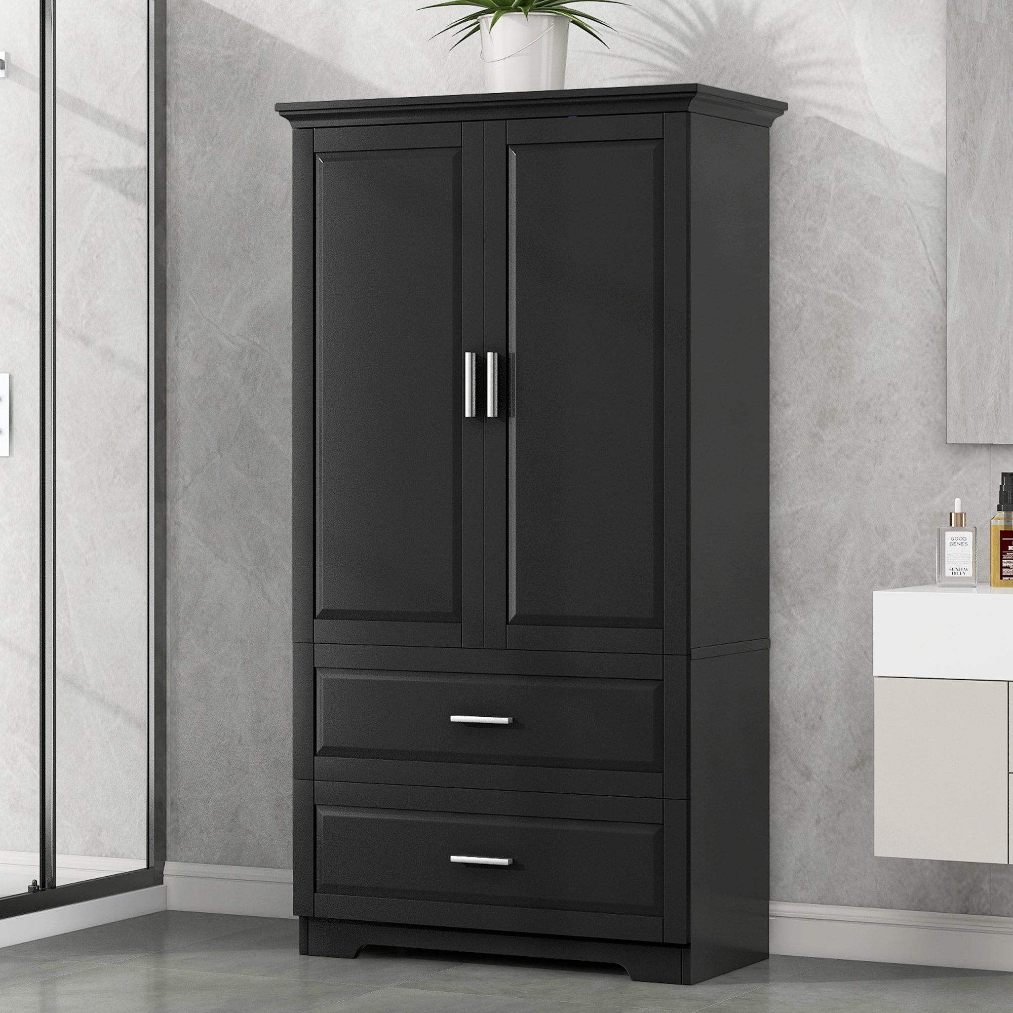 Gabinete de almacenamiento utilitario independiente negro de MDF Siavonce de 32 pulgadas de ancho por 63.2 pulgadas de alto XH60023