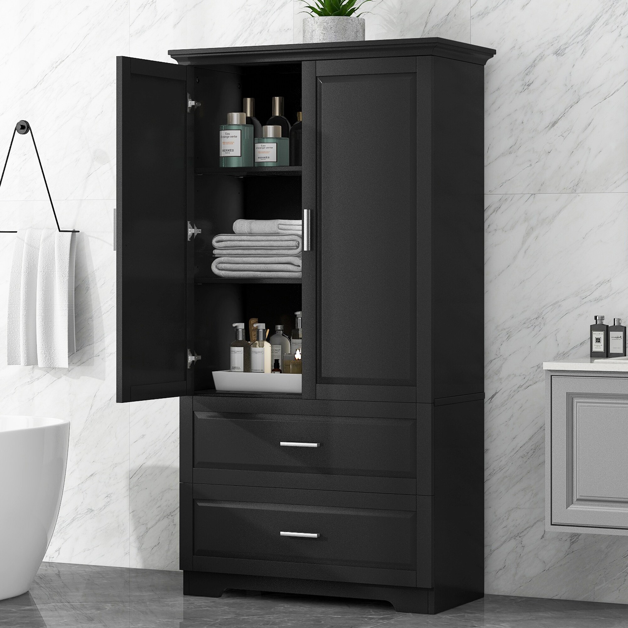 Gabinete de almacenamiento utilitario independiente negro de MDF Siavonce de 32 pulgadas de ancho por 63.2 pulgadas de alto XH60023