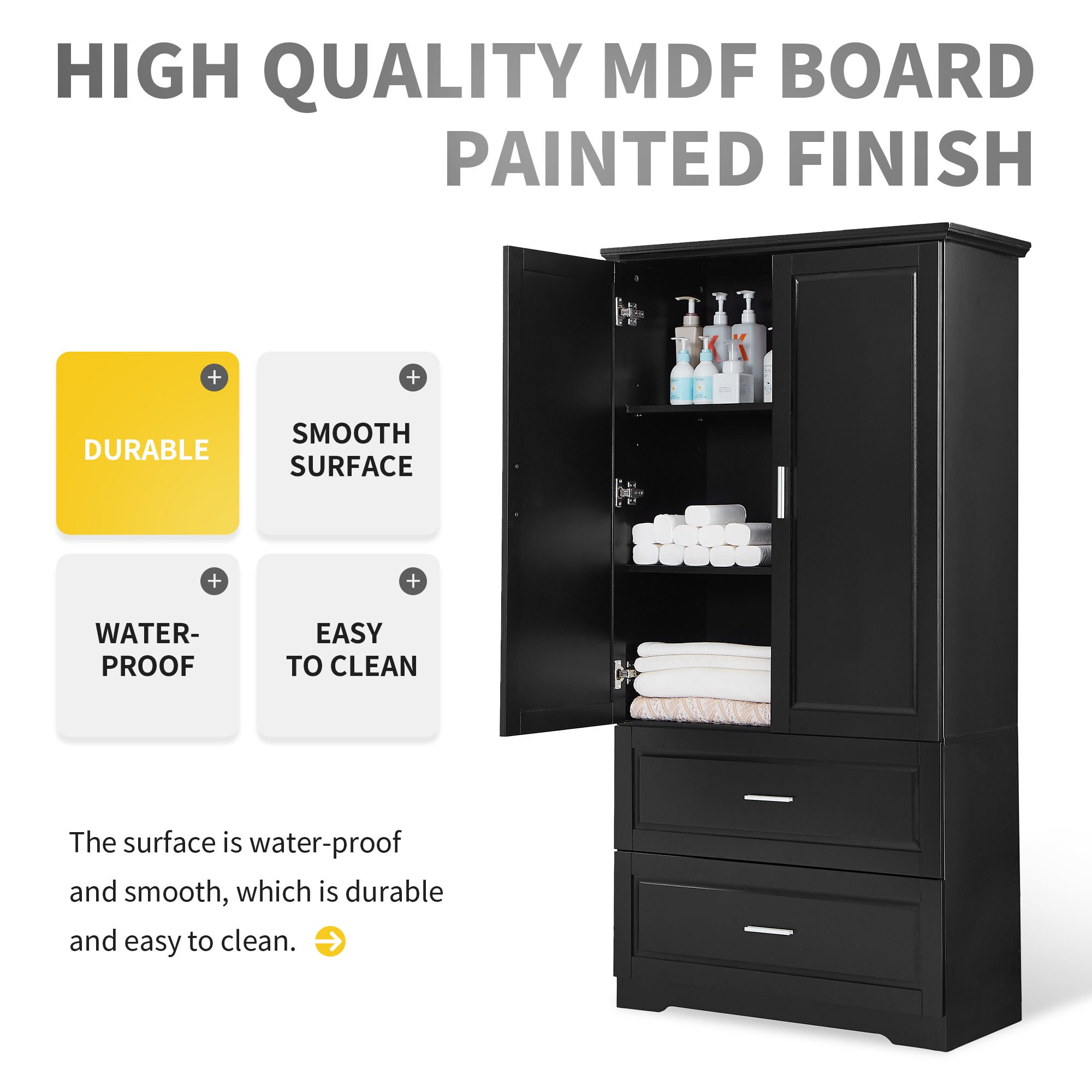 Gabinete de almacenamiento utilitario independiente negro de MDF Siavonce de 32 pulgadas de ancho por 63.2 pulgadas de alto XH60023