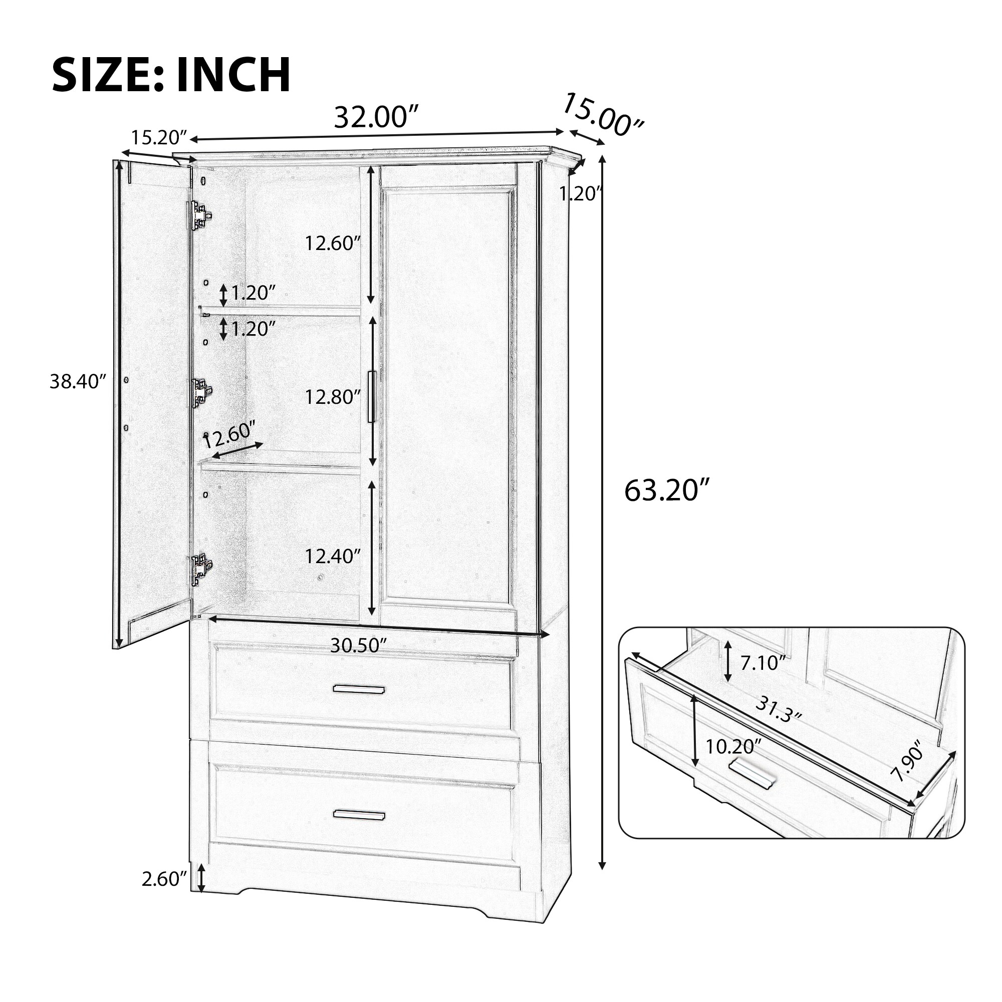 Gabinete de almacenamiento utilitario independiente negro de MDF Siavonce de 32 pulgadas de ancho por 63.2 pulgadas de alto XH60023