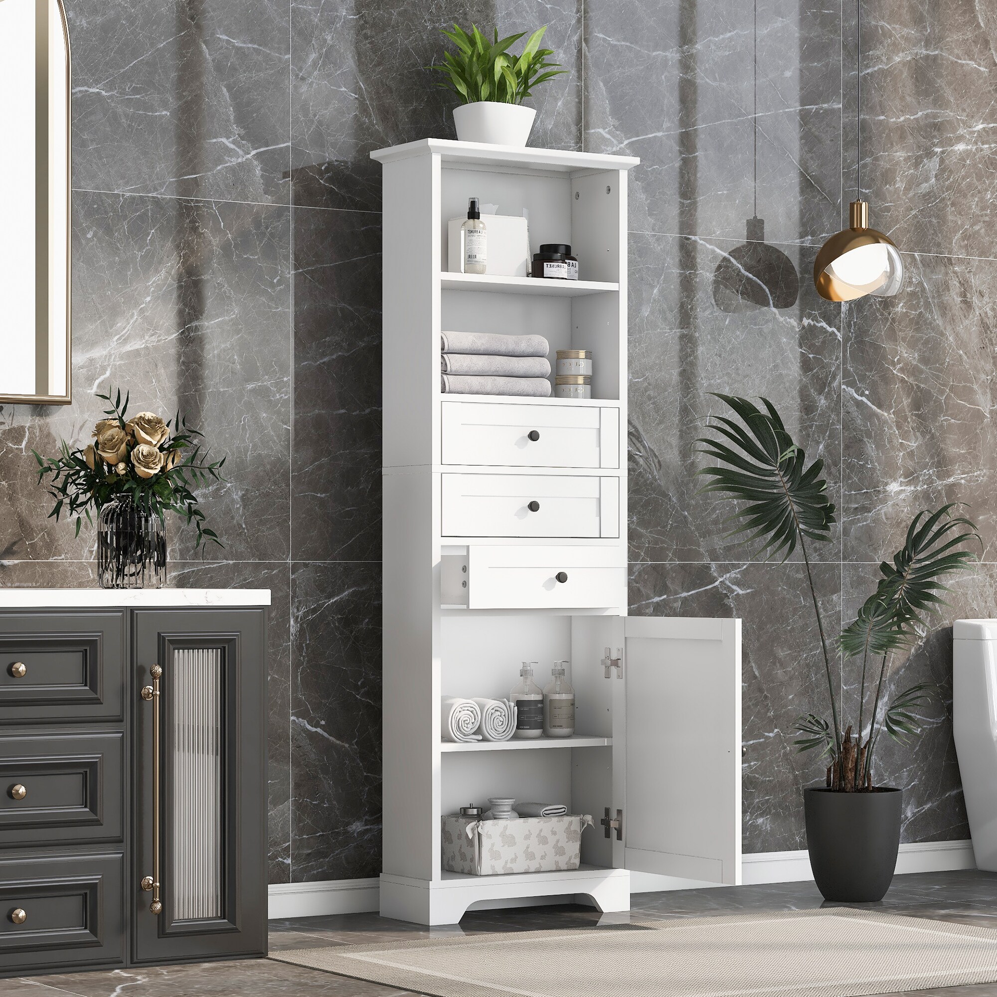 Gabinete de Almacenamiento Utilitario Blanco Independiente de MDF Siavonce de 22 pulgadas de ancho x 67.3 pulgadas de alto XH62453