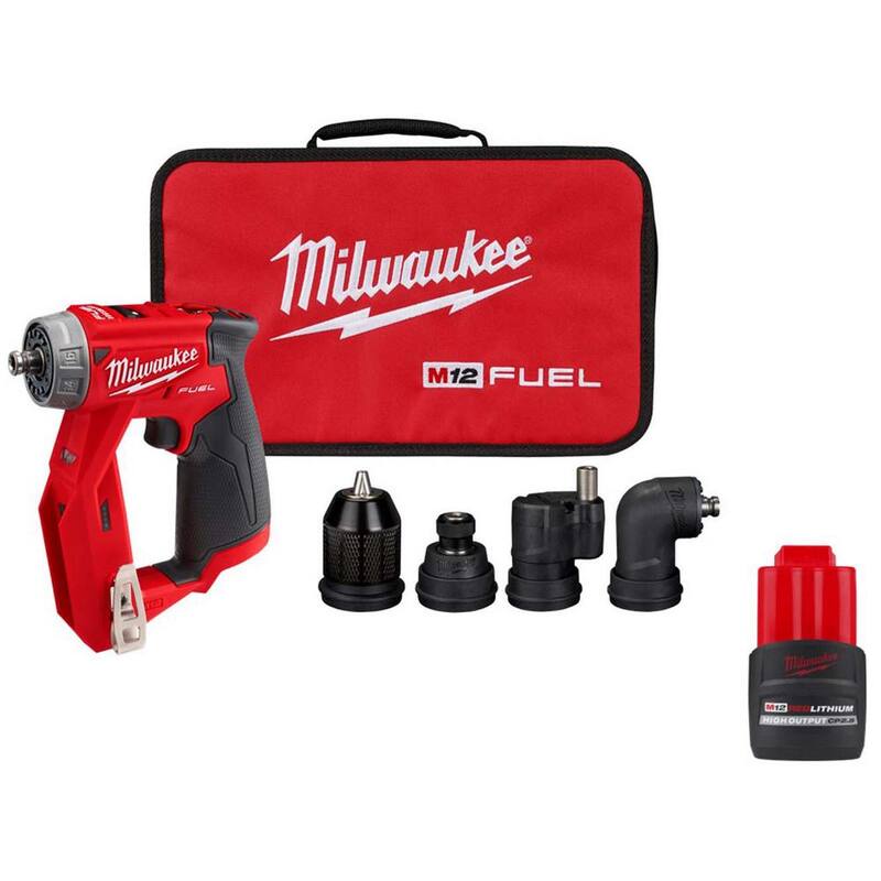 Milwaukee M12 FUEL 12V Taladro Inalámbrico 4-en-1 de Li-Ion sin Escobillas de 3/8 pulgadas con Paquete de Batería de Alta Capacidad de 2.5 Ah - 2505-20-48-11-2425