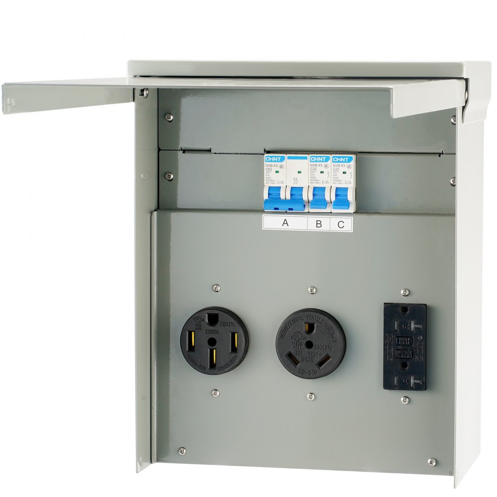 VEVOR Temporary Power Outlet Panel, 125/250V, RV Power Outlet Box with a 20/30/50 Amp Receptacle Installed, NEMA 14-50R / NEMA TT-30R / 15A GFCI for RV Camper Trailer Motorhome, Tested to UL Standards - DGNCRV203050AY3ZNV0