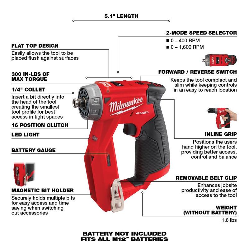 Milwaukee M12 FUEL 12V Taladro Inalámbrico 4-en-1 de Li-Ion sin Escobillas de 3/8 pulgadas con Paquete de Batería de Alta Capacidad de 2.5 Ah - 2505-20-48-11-2425