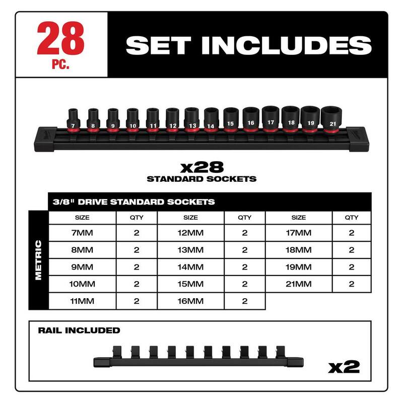 Juego de llaves de impacto métricas de 6 puntos de Milwaukee SHOCKWAVE de 3/8 pulg. (28 piezas) - 49-66-7007-49-66-7007
