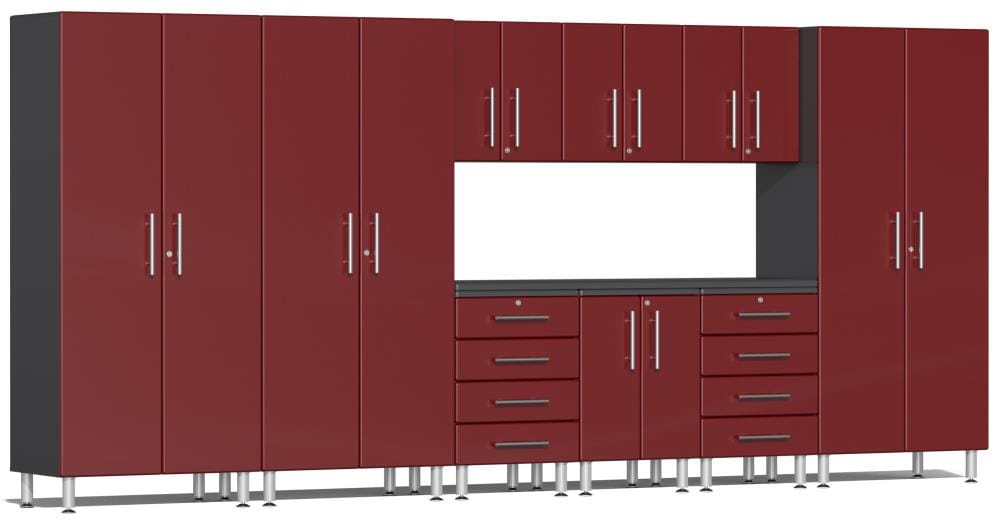 Sistema de Almacenamiento para Garage Ulti-MATE 177.3 pulgadas de ancho x 80 pulgadas de alto x 21 pulgadas de profundidad 9 gabinetes de madera compuesta con frente metálico rojo sobre caja de gabinete gris UG23101R