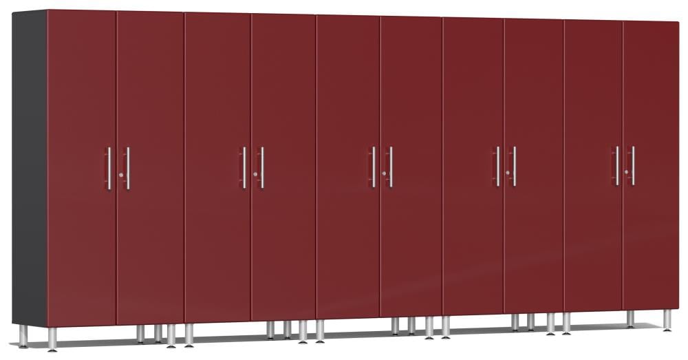 Sistema de almacenamiento para garaje Ulti-MATE 177.5 pulgadas de ancho x 80 pulgadas de alto x 21 pulgadas de profundidad 5 gabinetes de madera compuesta frente metálico rojo sobre caja de gabinete gris UG22650R