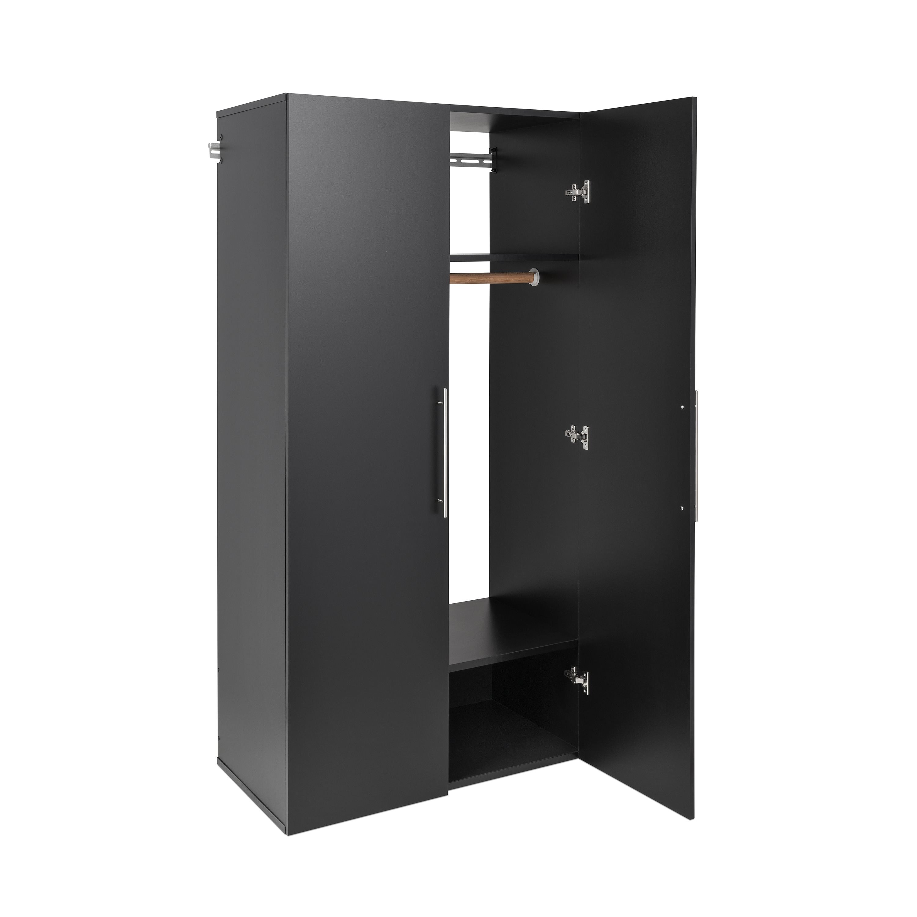 Gabinete de almacenamiento utilitario montado en la pared de madera compuesta negra de 36 pulg. de ancho x 72 pulg. de alto HangUps de Prepac
